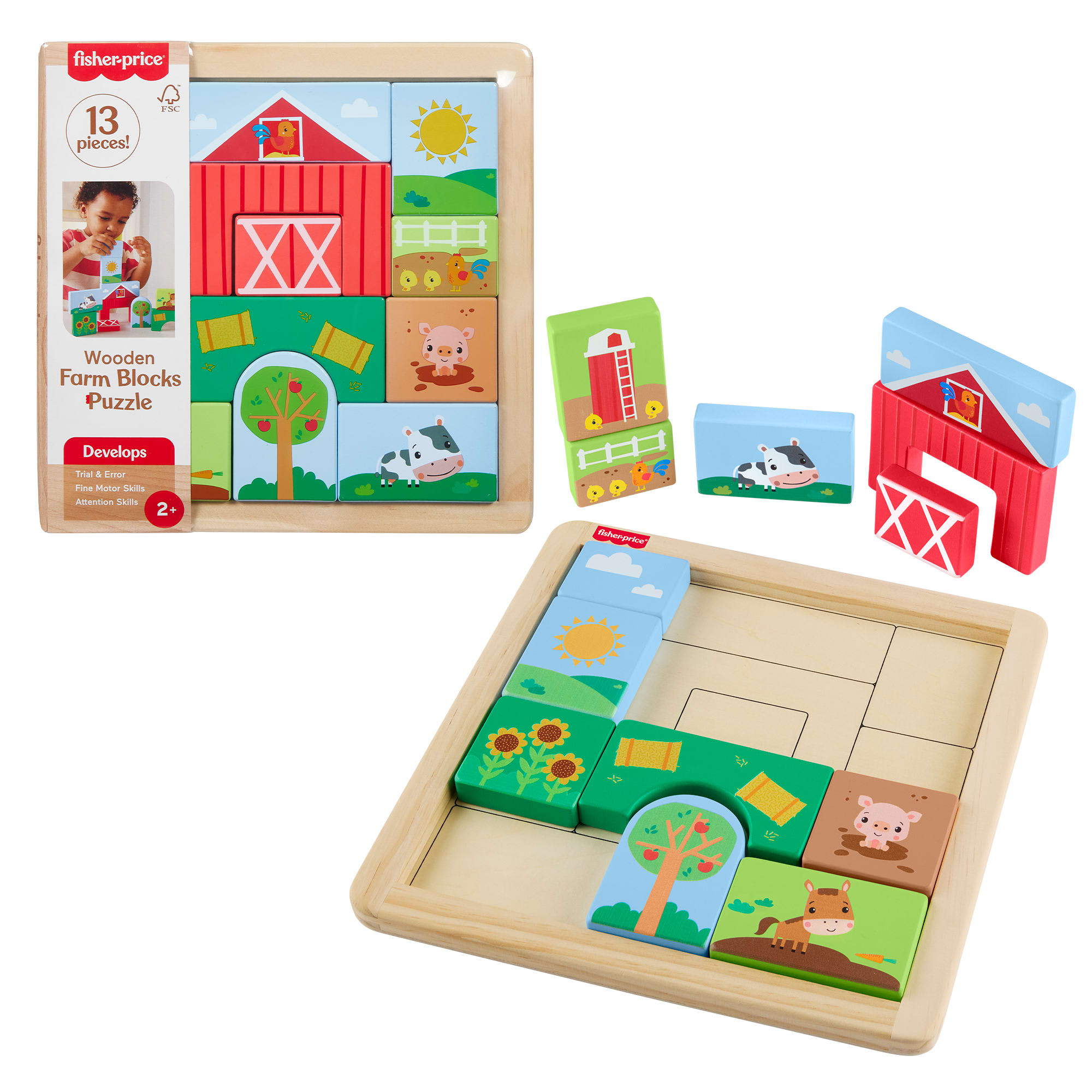 fisher price Casse-T??te en Bois ?? Th??matique de Ferme Fisher-Price Pour Tout-Petits et enfants, 14?Pi??ces en Bois