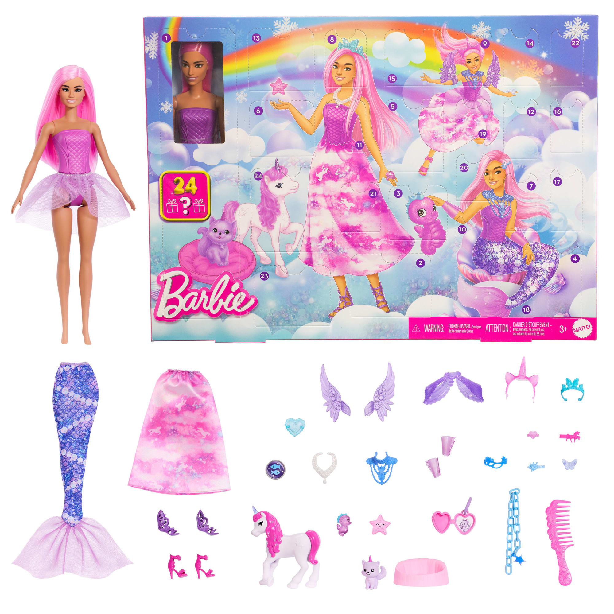 fisher price Barbie Advent Calendar With Fashion Doll & 24 Surprise Toy Accessories including Unicorn & Pets