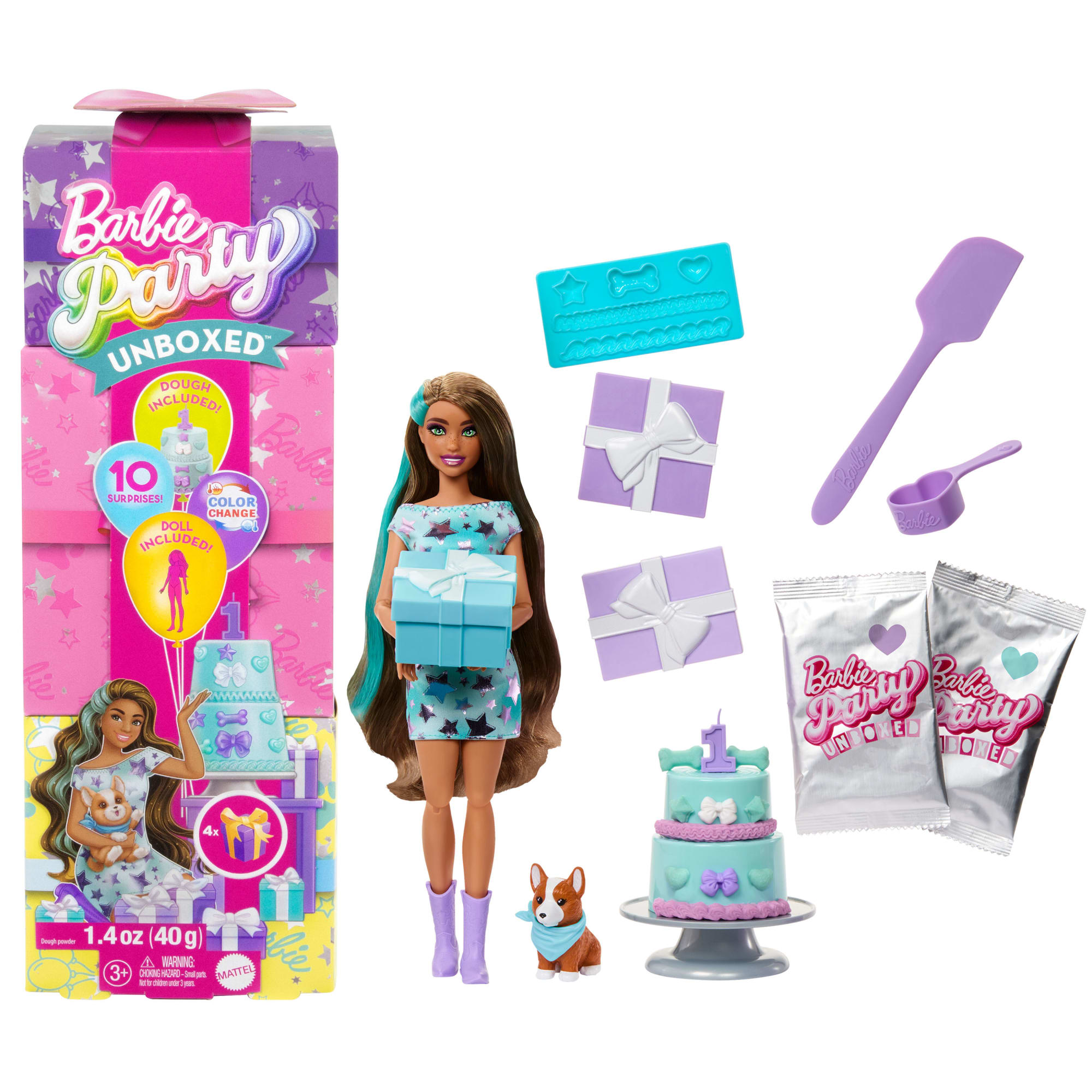 fisher price Barbie Party Unboxed Pet Birthday Series Doll & Accessories, Party Stars Set With 10 Surprises