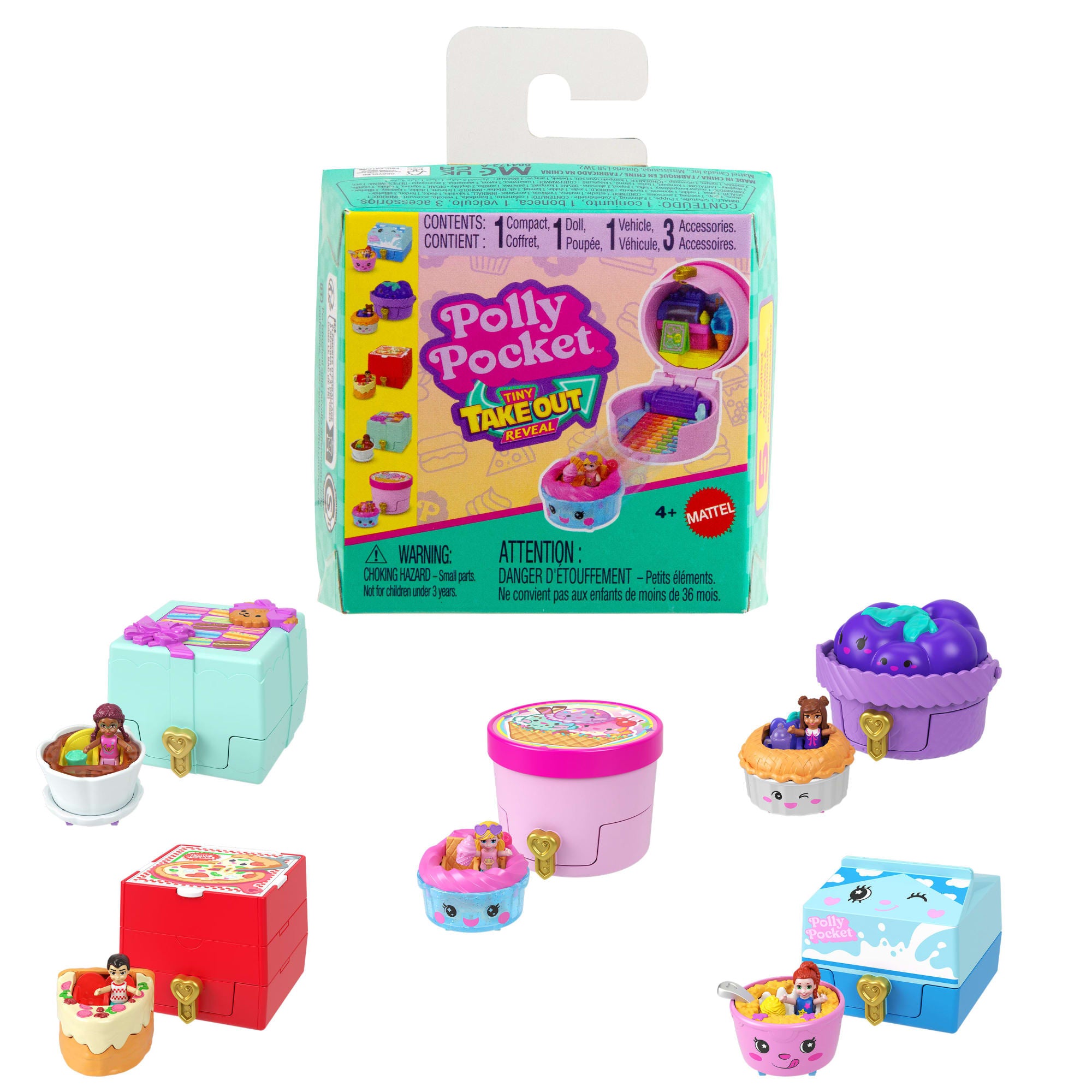 fisher price Polly Pocket Tiny Take Out Reveal Assortment, Micro Dolls & Compacts With Toy Cars, Food Theme Vehicle Collection