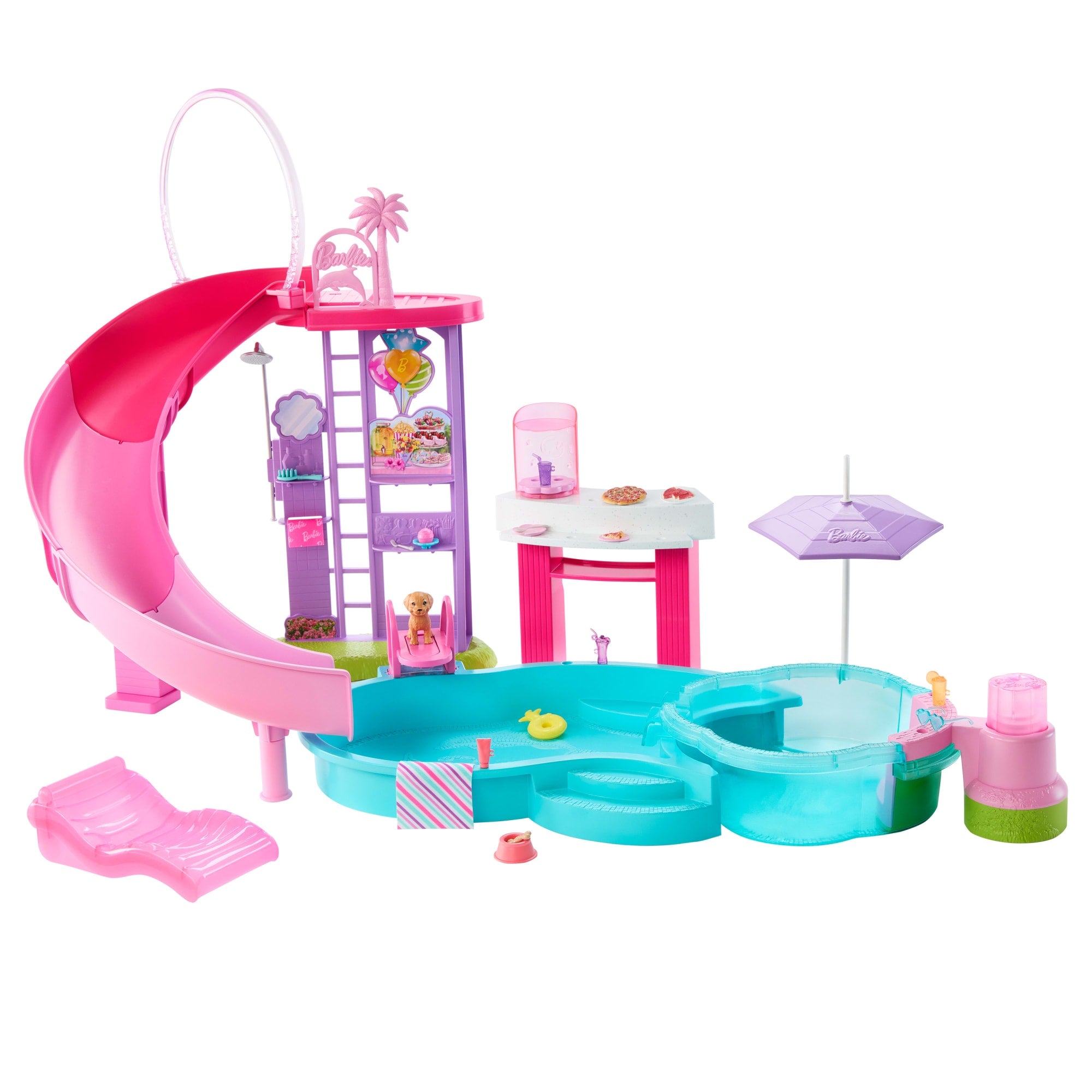 fisher price Barbie Dream Pool Playset With Slide & Bubbling Hot Tub, 20+ Accessories including Pet, Floaties & More