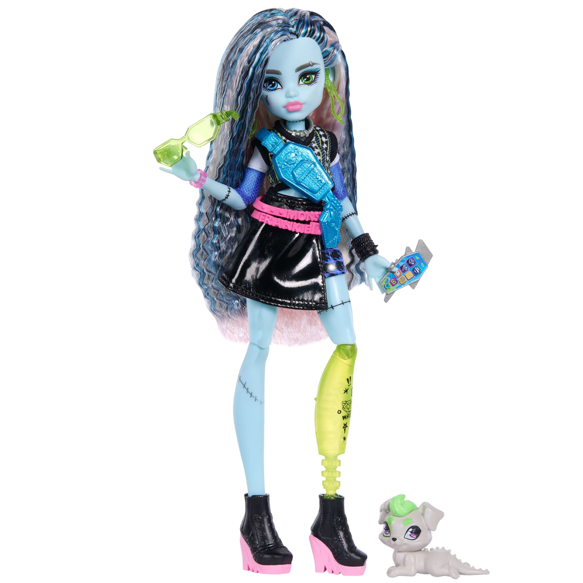 fisher price Monster High Frankie Stein Fashion Doll in Black Pleather Skirt With Pet Watzie And 7 Accessories
