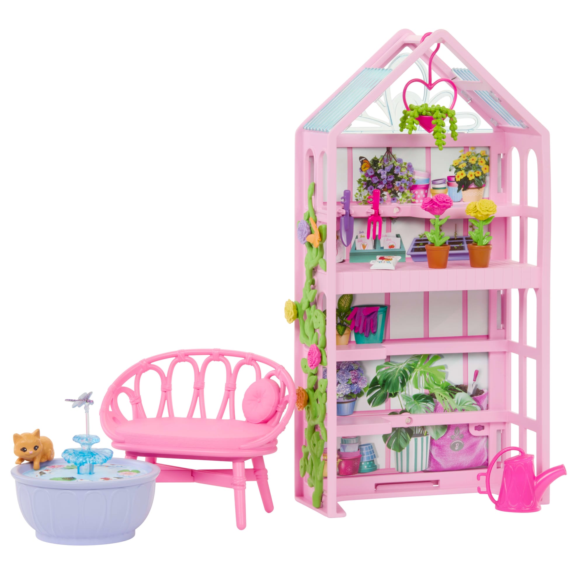 fisher price Barbie World Backyard Garden Toy Playset & 17 Accessories, Includes Shelf, Fountain, Flowers & More