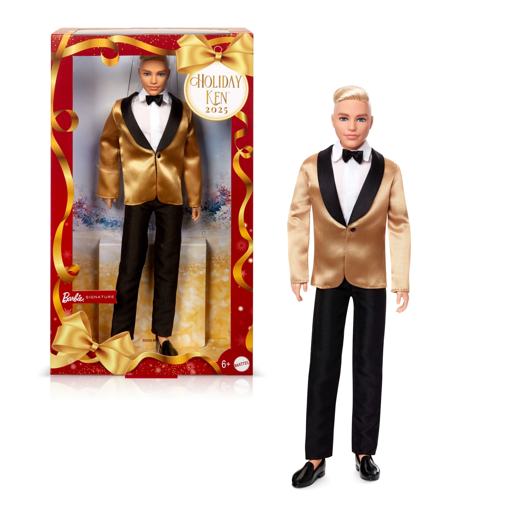 fisher price Barbie Signature 2025 Holiday Blonde Ken Collectible Fashion Doll Wearing Full Suit With Golden Jacket