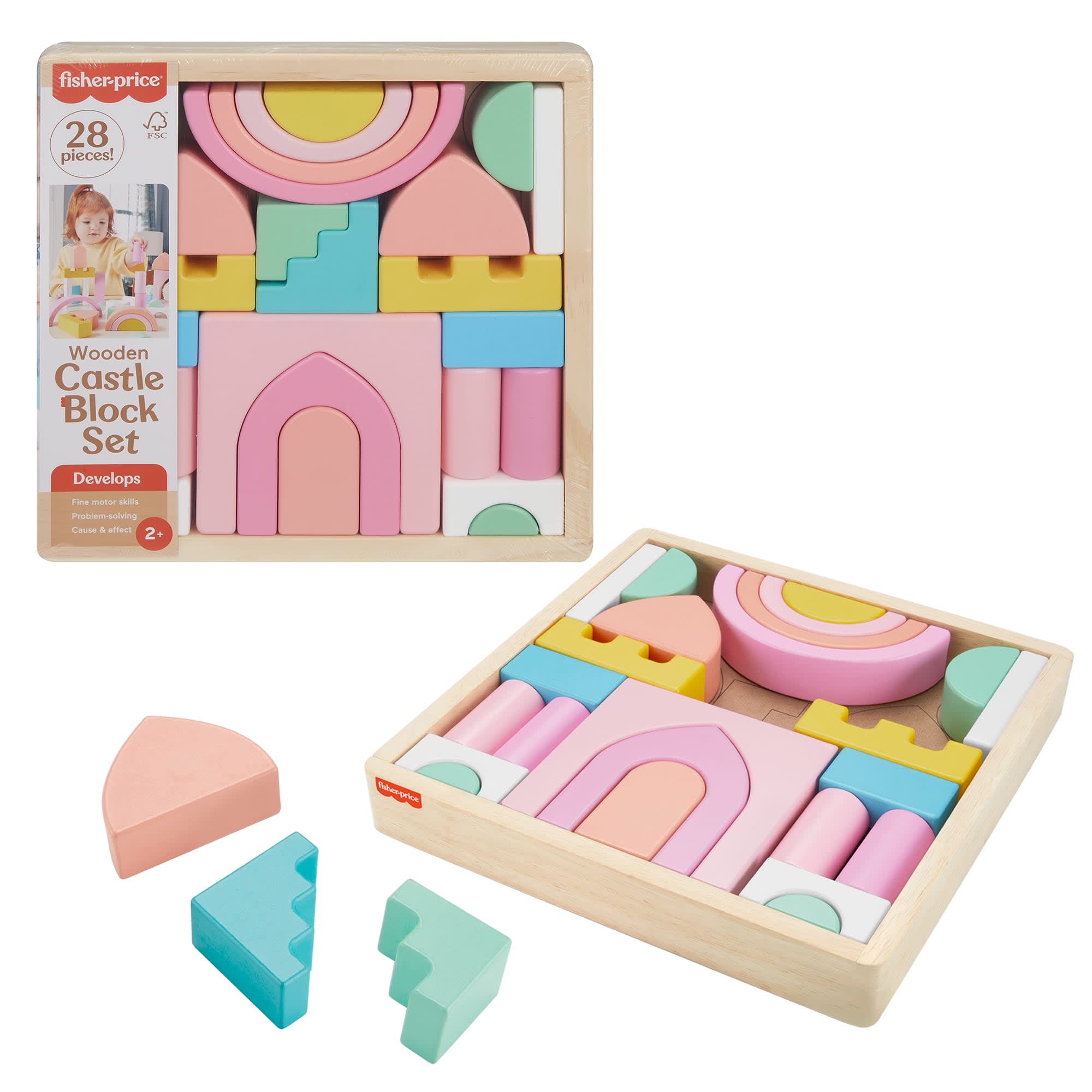 fisher price Fisher-Price Wood Toddler Toy Castle Block Set, 28 Wooden Pieces For Stacking Developmental Play Preschool Kids Ages 2+ Years