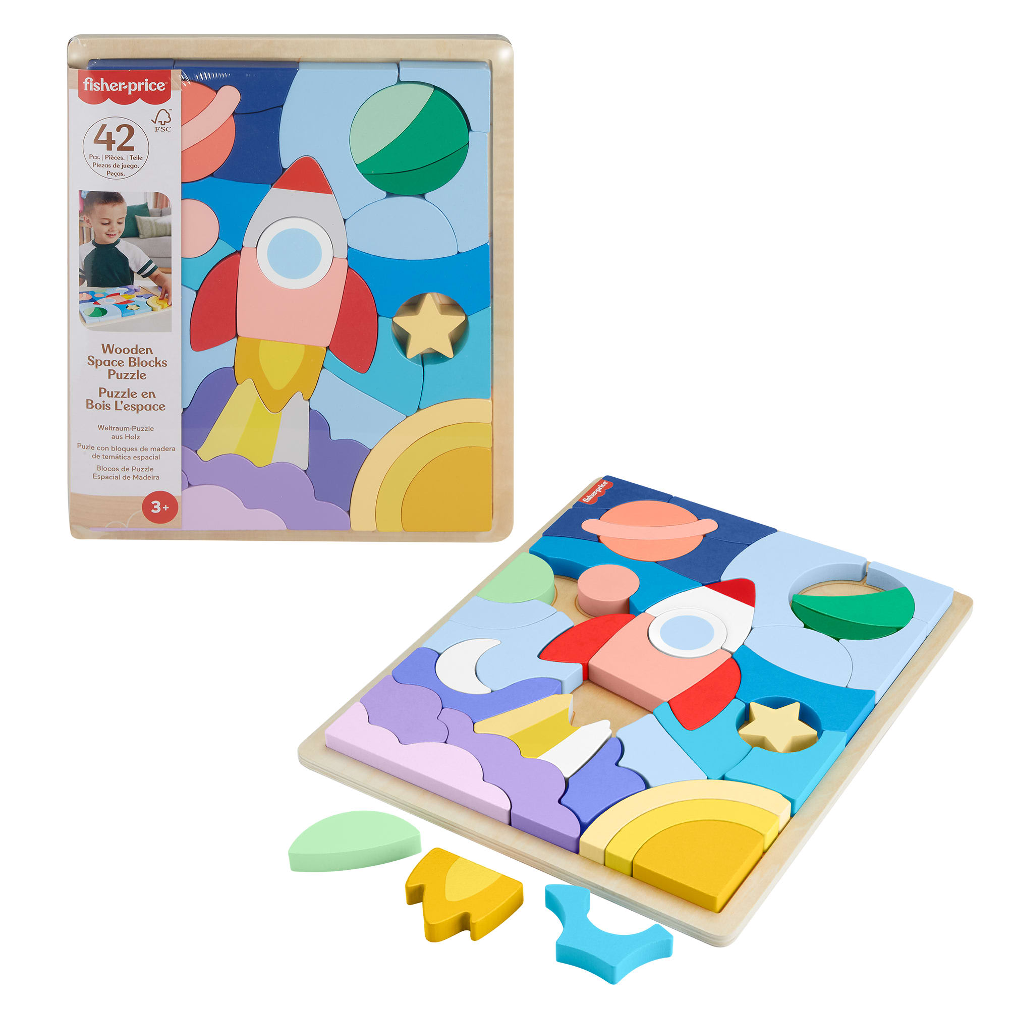 fisher price Fisher-Price Wooden Space Blocks Puzzle For Preschool Kids, 42 Wood Pieces