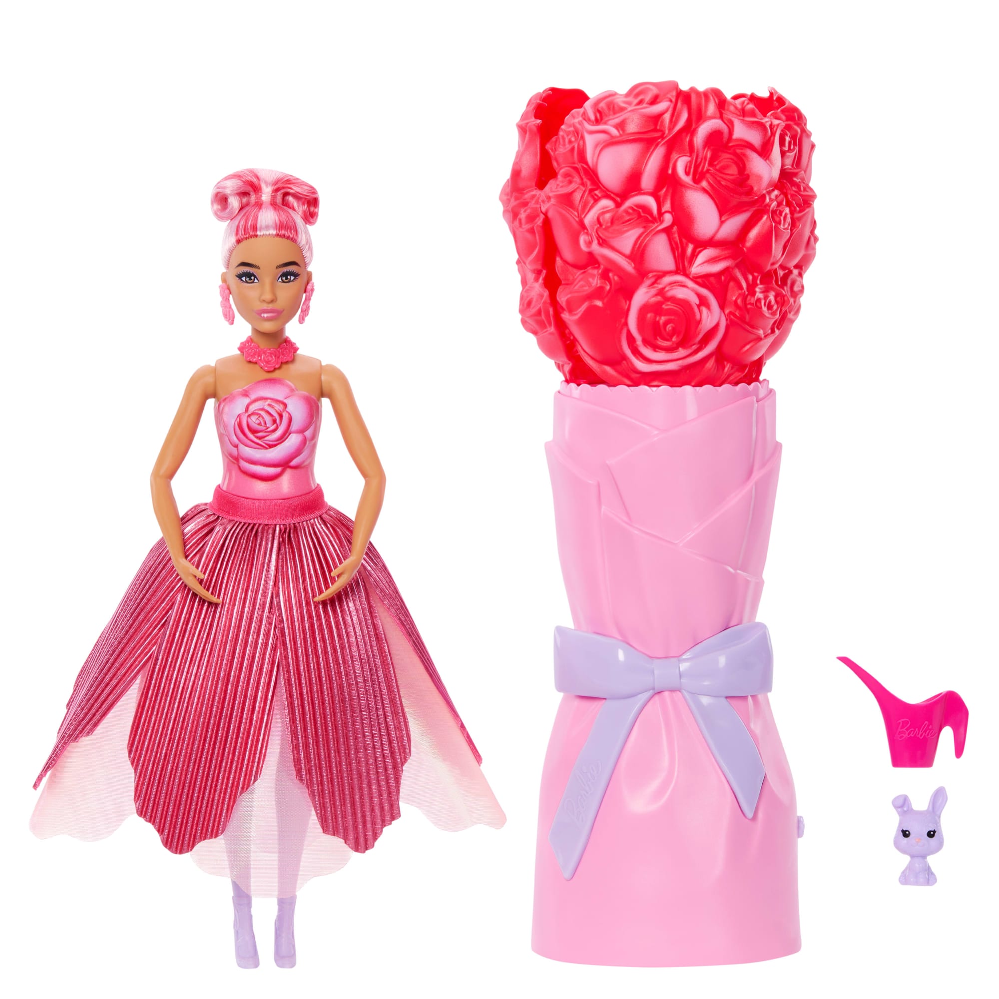 fisher price Barbie Petal Pop Scented Fashion Doll With Rose Dress, Reveal Accessories Like Bunny & More