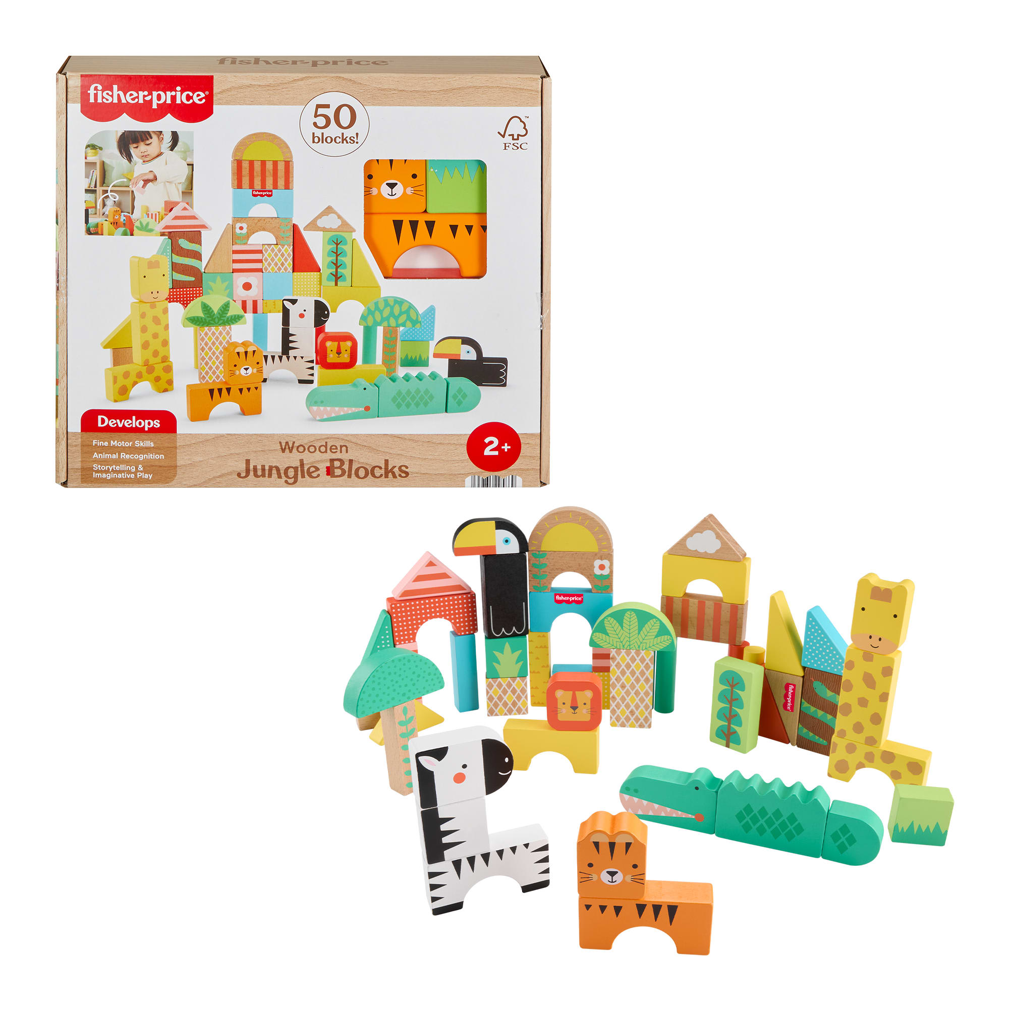 fisher price Fisher-Price Wooden Jungle Blocks, Animal-Themed Building Set For Toddlers, 50 Wood Pieces