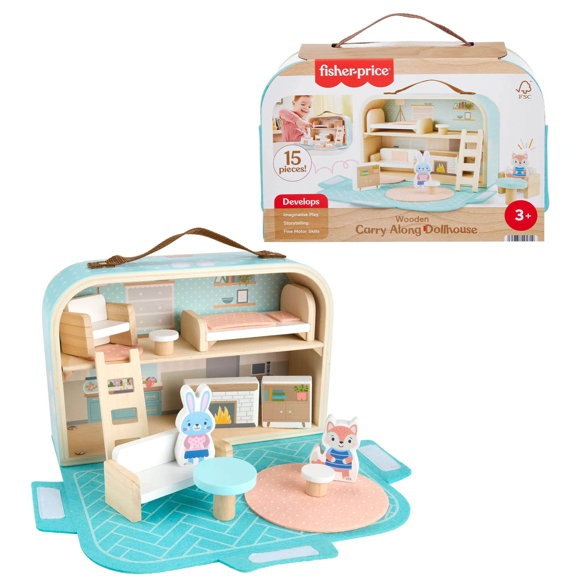fisher price Fisher-Price Wooden Carry Along Dollhouse Portable Playset For Preschool Kids, 15 Pieces