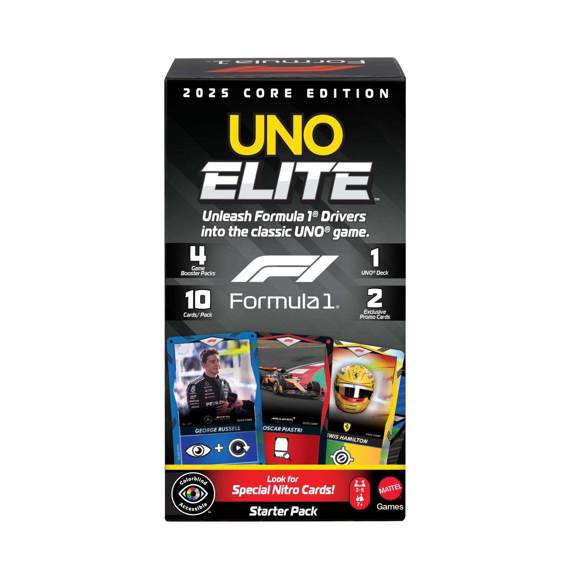 fisher price UNO Elite Formula 1 2025 Core Edition Starter Pack Card Game With 4 Game Booster Packs & 2 Promo Cards