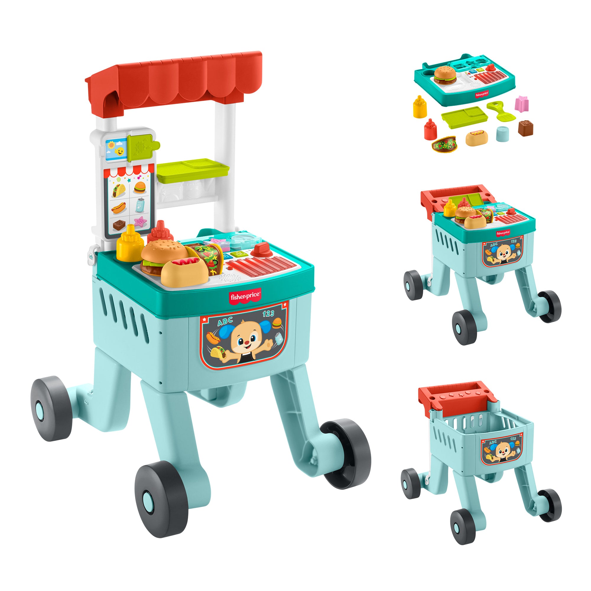 fisher price Fisher-Price Laugh & Learn 4-in-1 Snack Cart Walker Baby & Toddler Learning Toy, 14 Play Pieces, Multilanguage Version