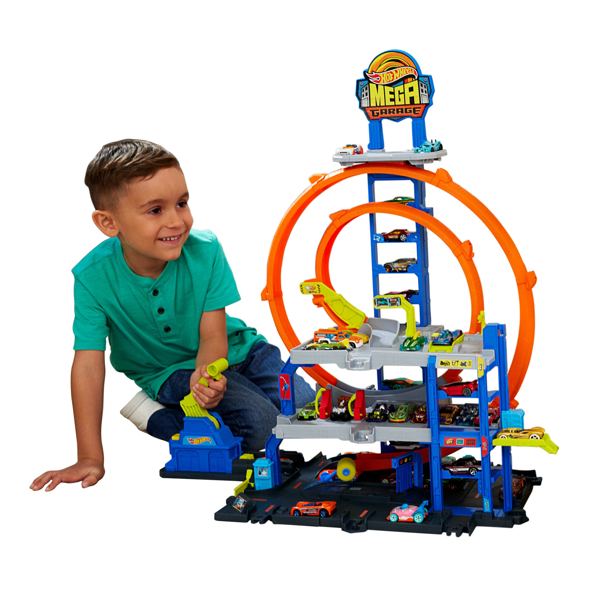fisher price Hot Wheels MEGA Loop Garage Playset With 1 Die-Cast Toy Car & 1 Toy Helicopter in 1:64 Scale