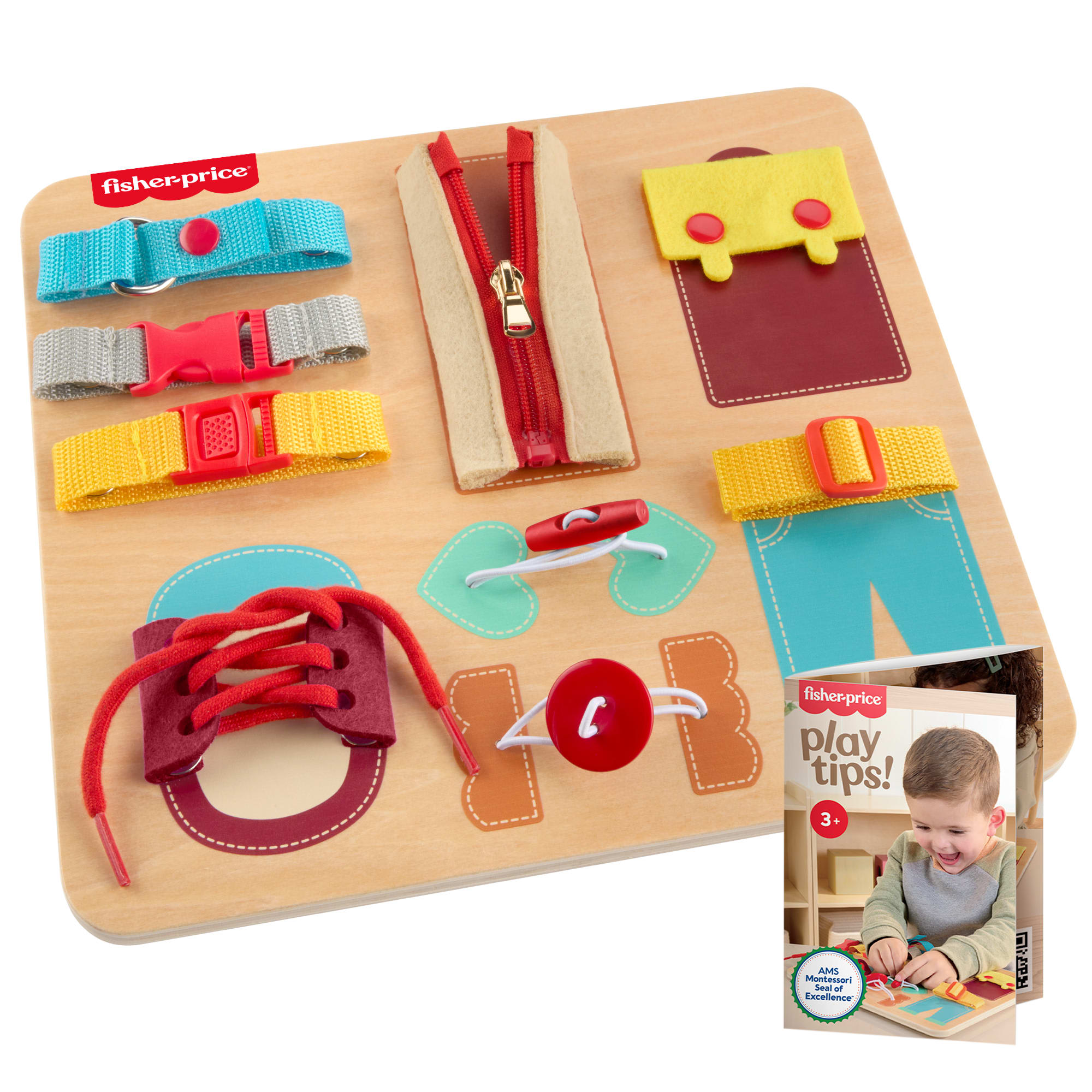 fisher price Fisher-Price Montessori Wooden Dressing Busy Board Learning Activity For Kids