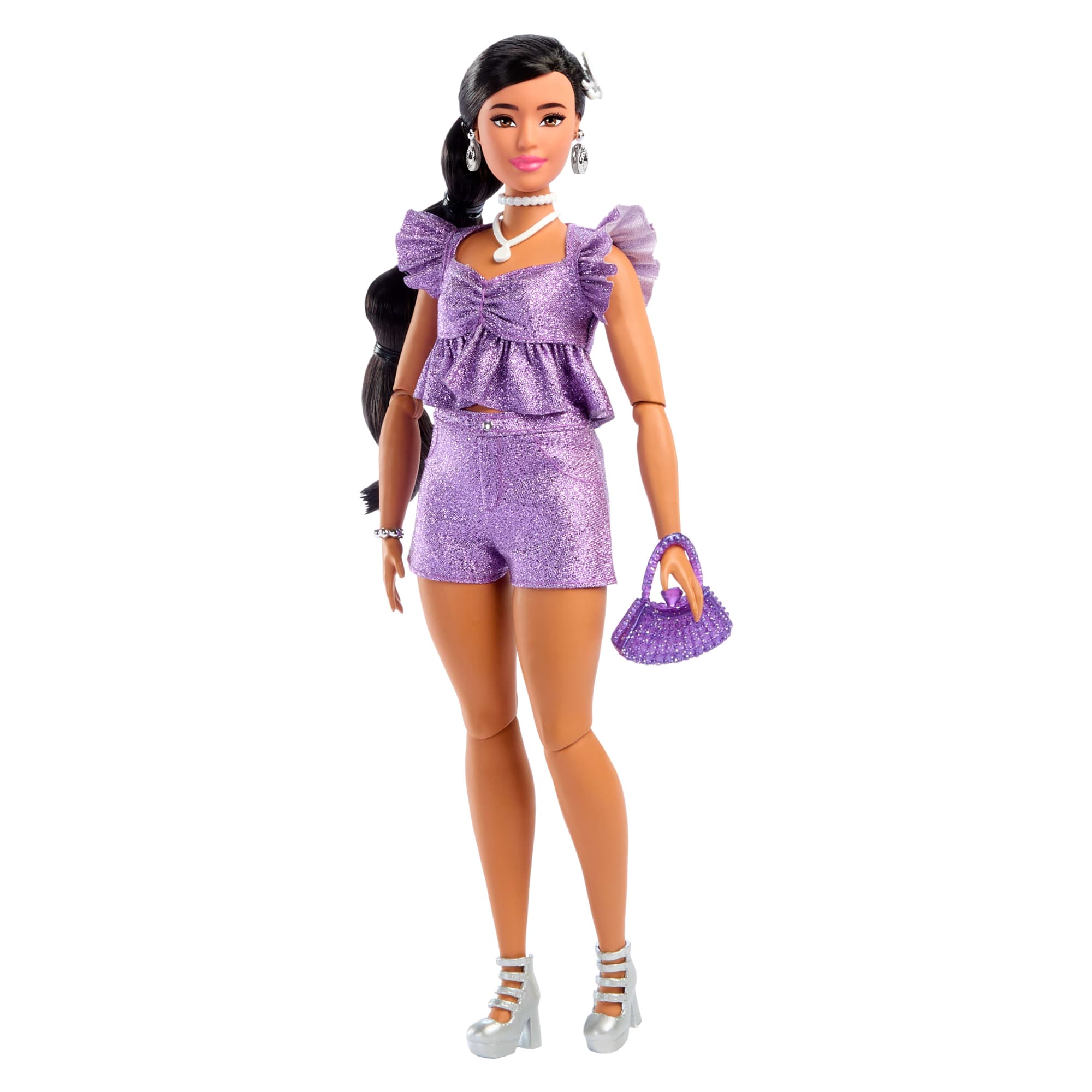 fisher price Barbie Deluxe Style Fashion Doll #8 in Metallic Purple Top And Sparkly Shorts With Accessories