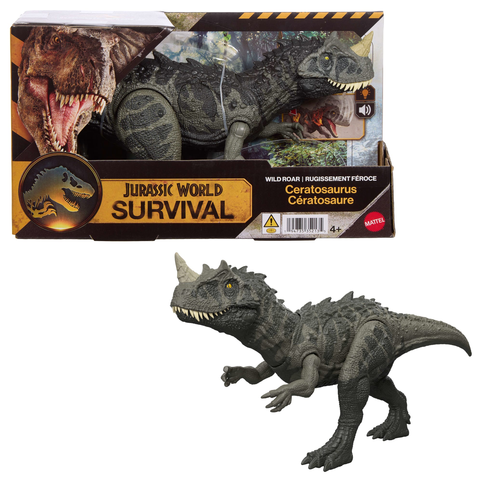 fisher price Jurassic World Wild Roar Ceratosaurus Dinosaur Action Figure Toy, Attack, Light & Sound, Scan Code