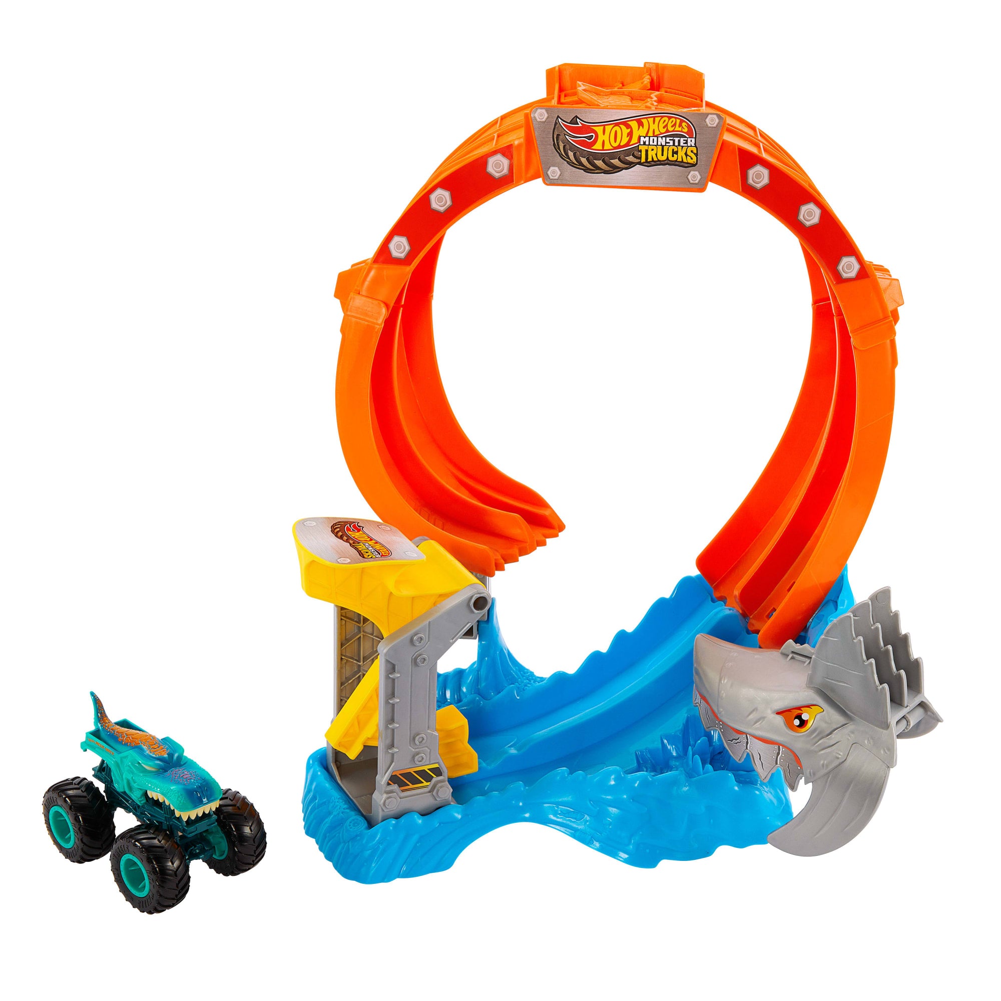 fisher price Hot Wheels Monster Trucks Corkscrew Shark Smash Track Set & 1:64 Scale MEGA-Wrex Toy Truck
