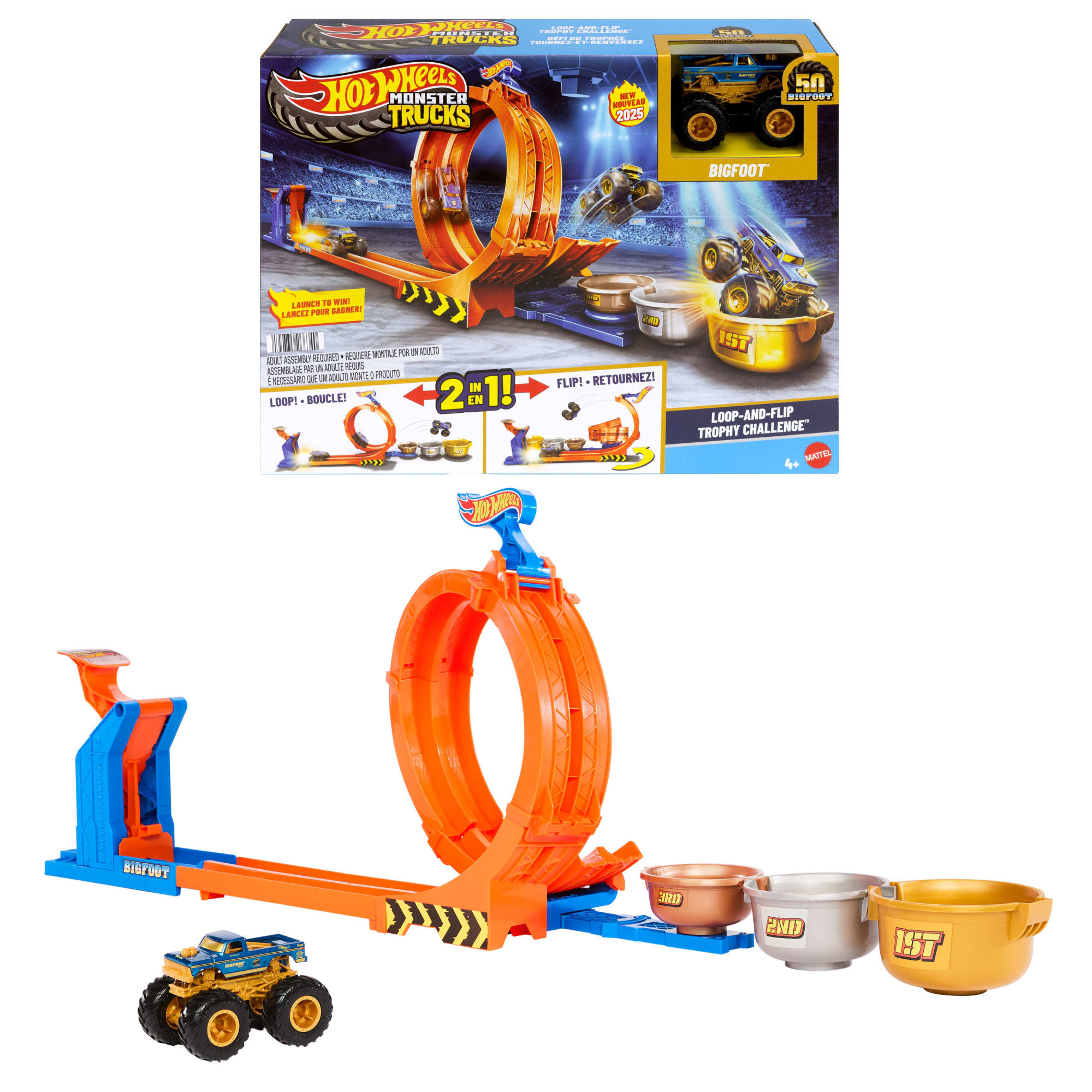 fisher price Hot Wheels Monster Trucks Loop-And-Flip Trophy Challenge Playset & Die-Cast Bigfoot Toy Truck