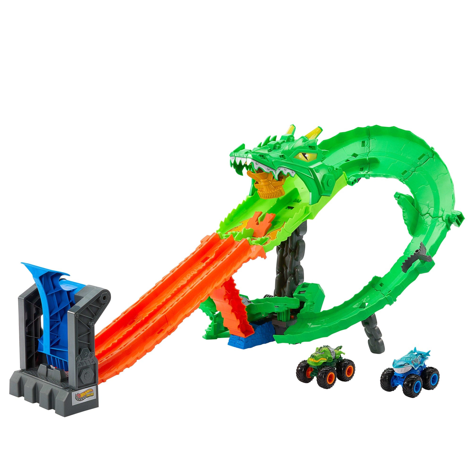 fisher price Hot Wheels Monster Trucks Sharks vs Dinos Dragon Destruction Playset & 2 Toy Trucks