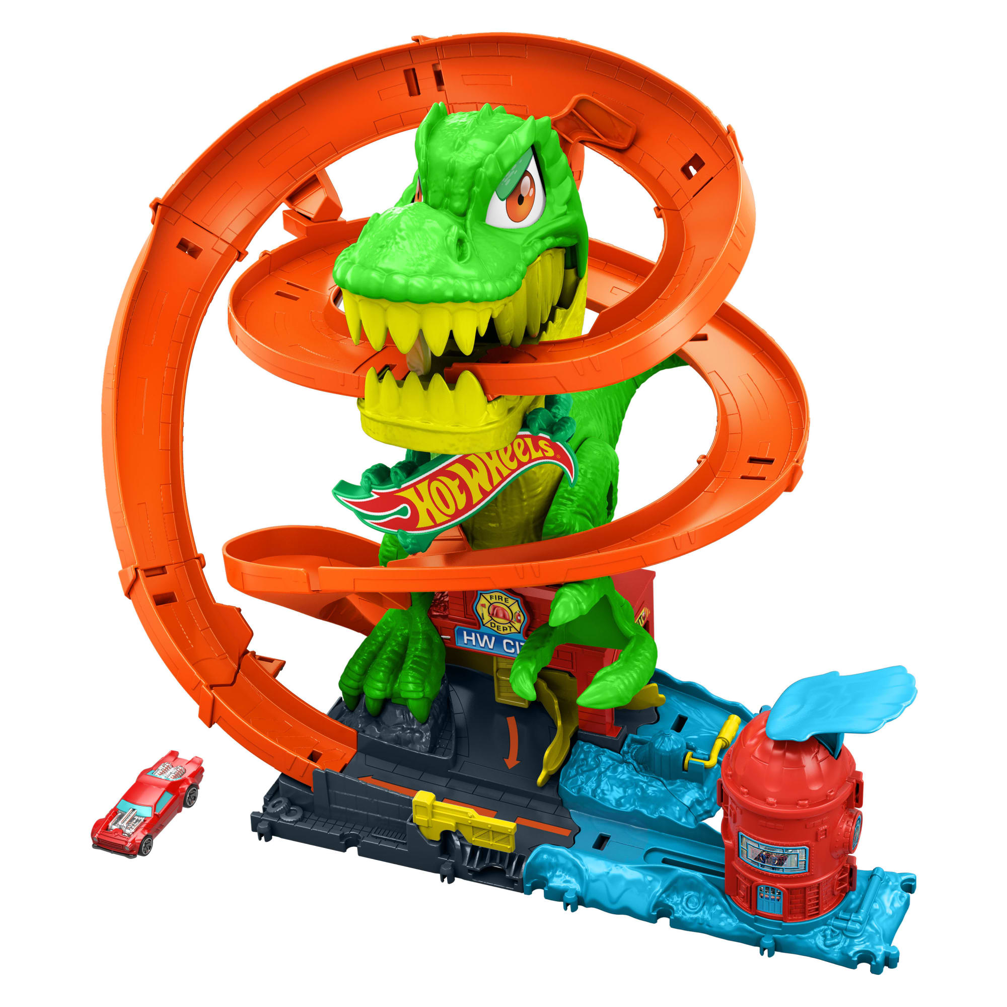 fisher price Hot Wheels City Pista de Juguete T-Rex vs Estaci??n de Bomberos
