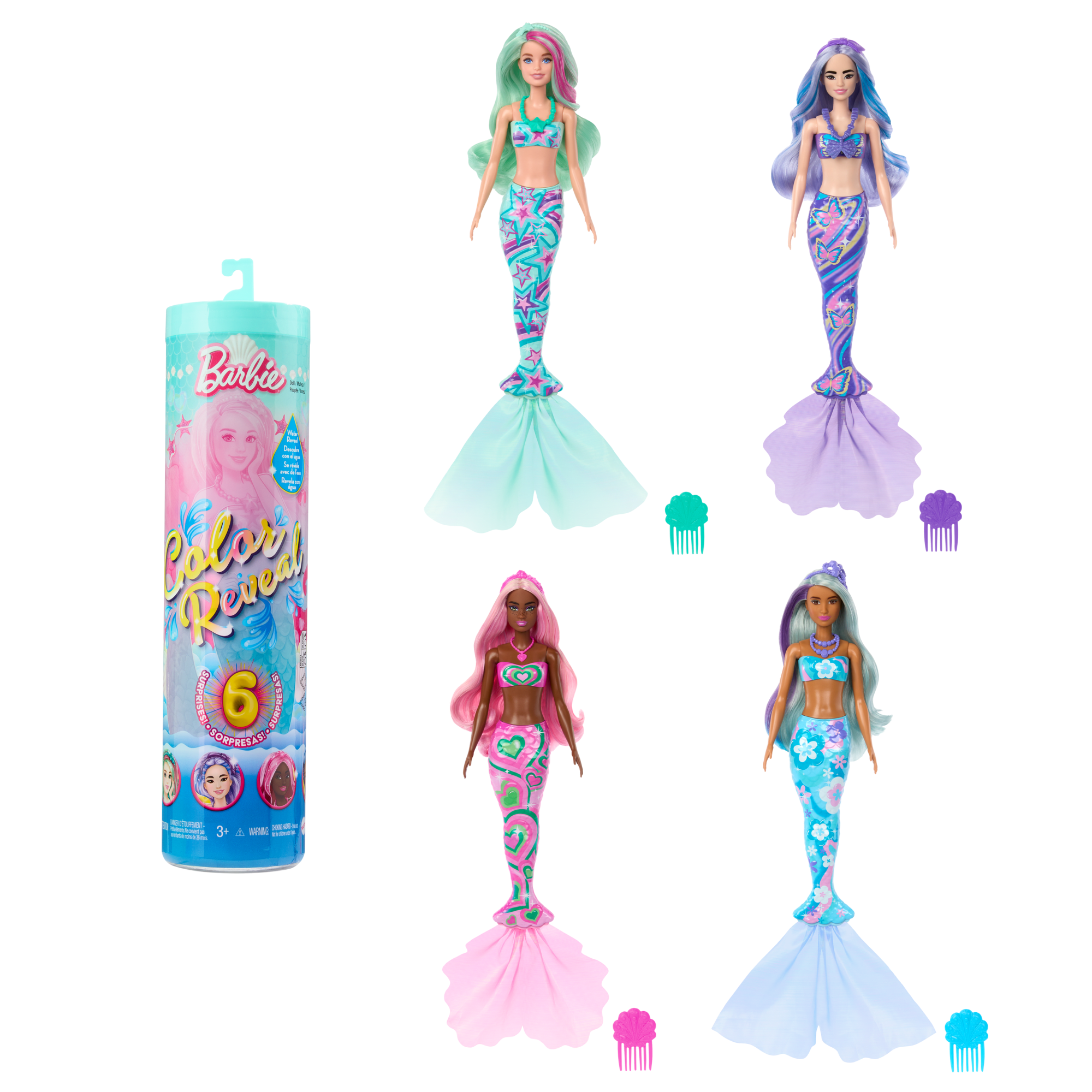 fisher price Barbie Color Reveal Mermaid Series Doll & Accessories With 6 Surprises, Color-Change Hair