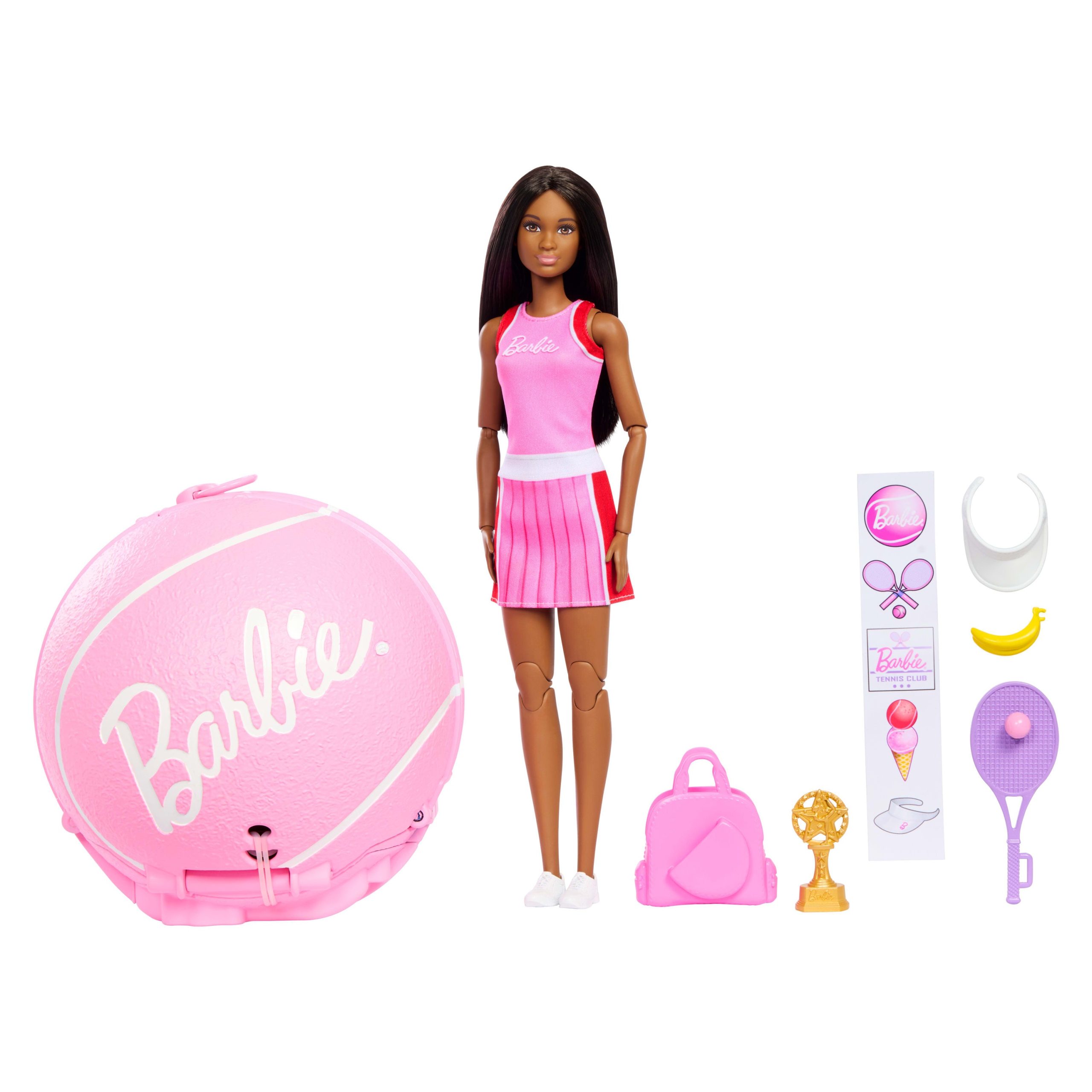 fisher price Barbie Team Barbie Roll And Reveal Tennis Player Doll And Accessories With Brunette Fashion Doll, 8 Surprises & Tennis Ball Encasement
