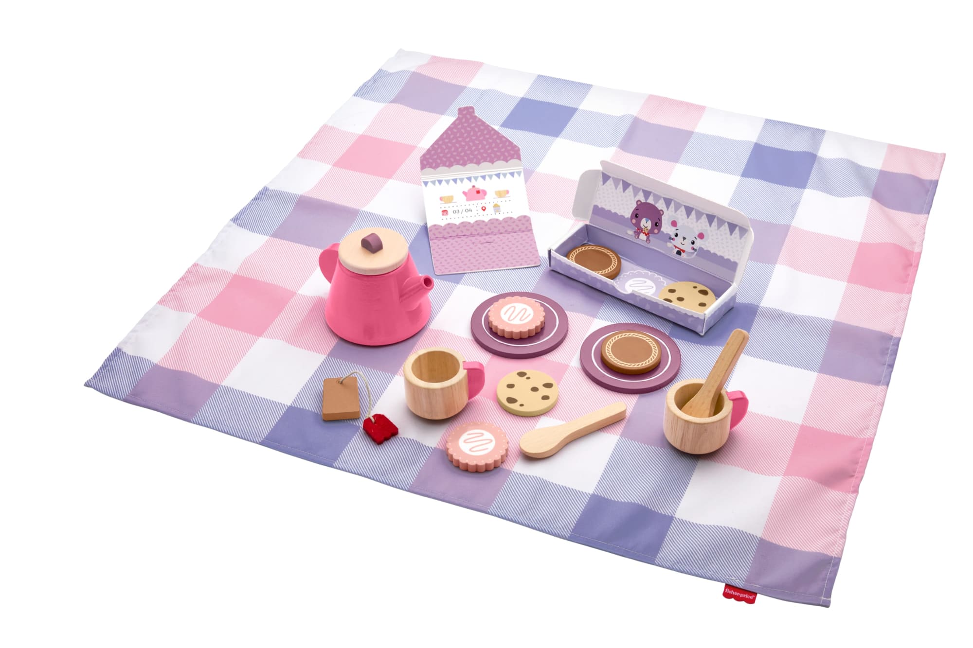 fisher price Fisher-Price Wooden Picnic Tea Set For Kids With Blanket, Wood Cups & Saucers, 18 Pieces