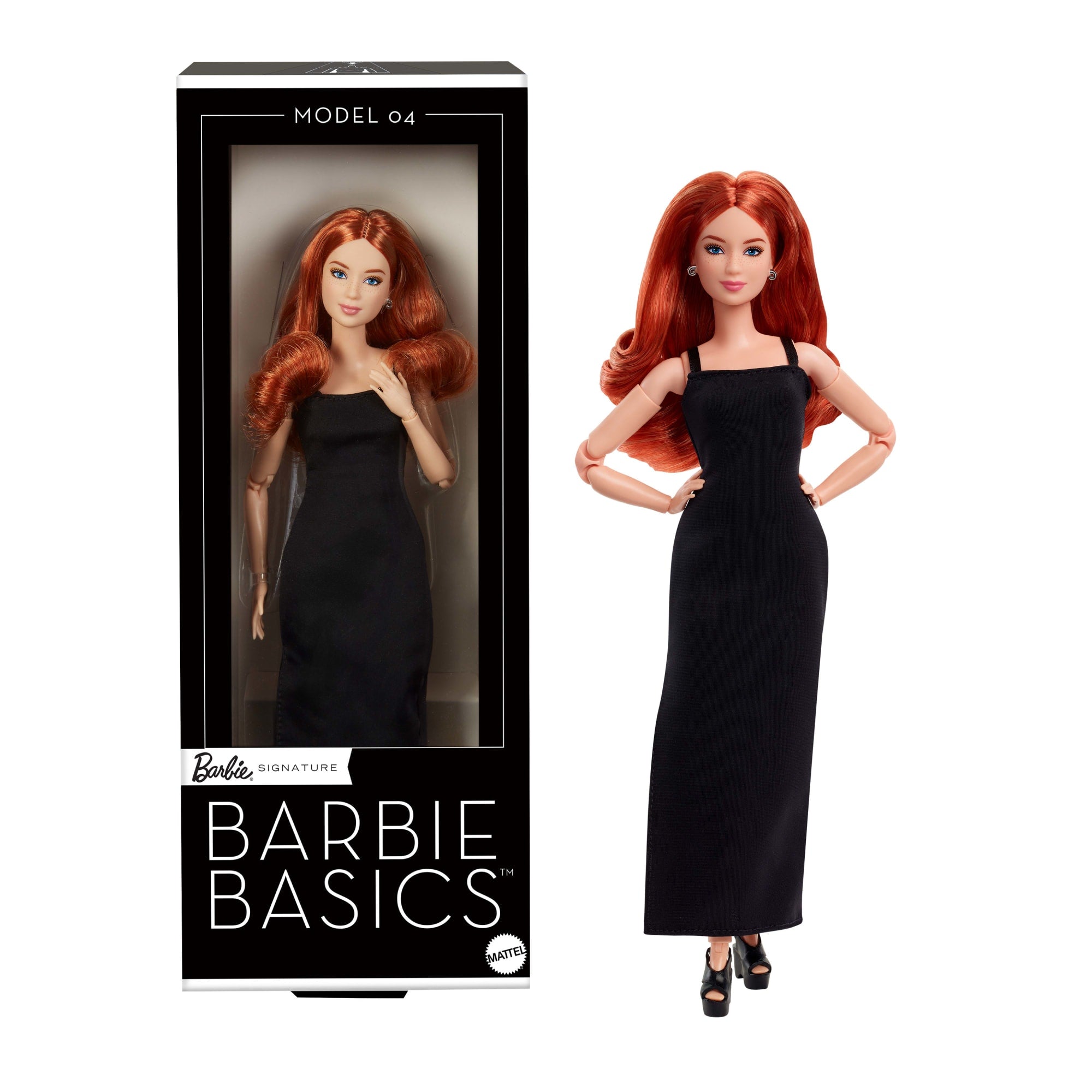 fisher price Barbie Basics Collectible Doll, Model 04 With Red Curly Hair, Black Dress & Platform Heels