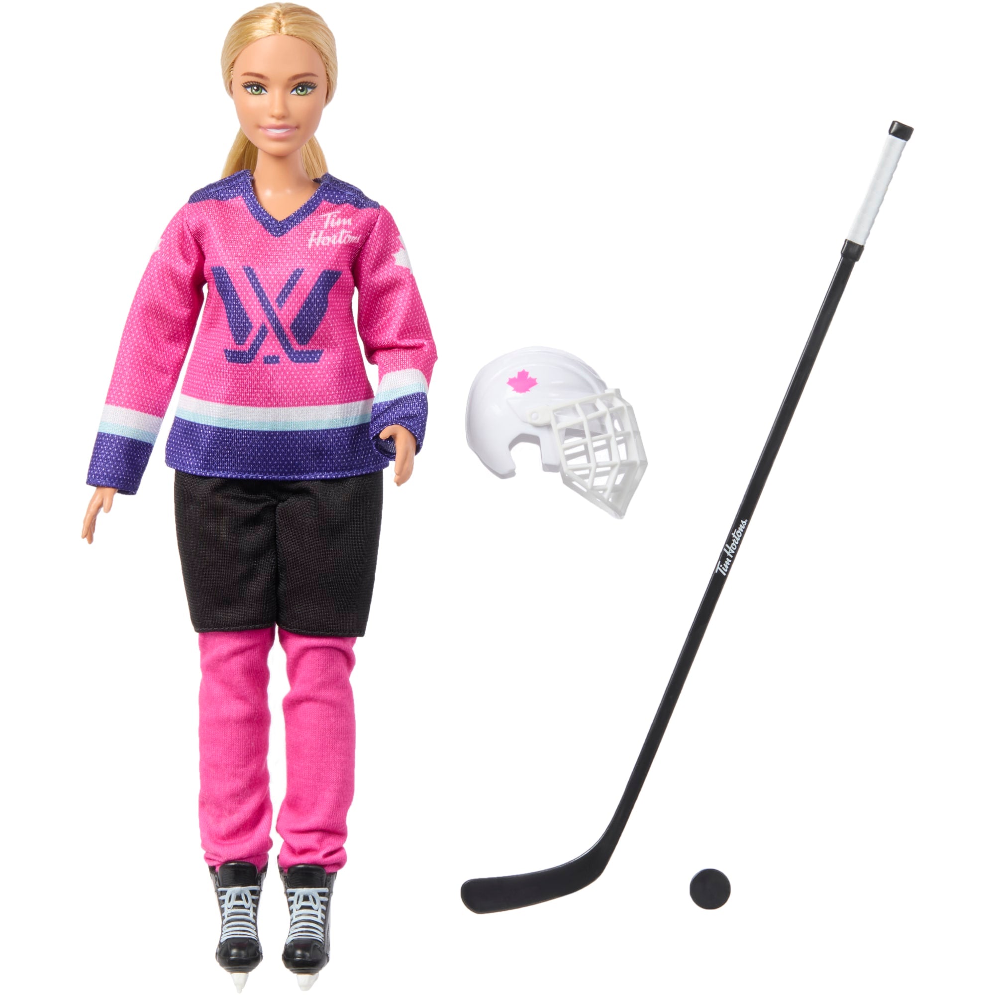 fisher price Barbie Tim Hortons PWHL Fashion Doll in Pink, Purple, & Teal Hockey Jersey, includes Hockey Accessories