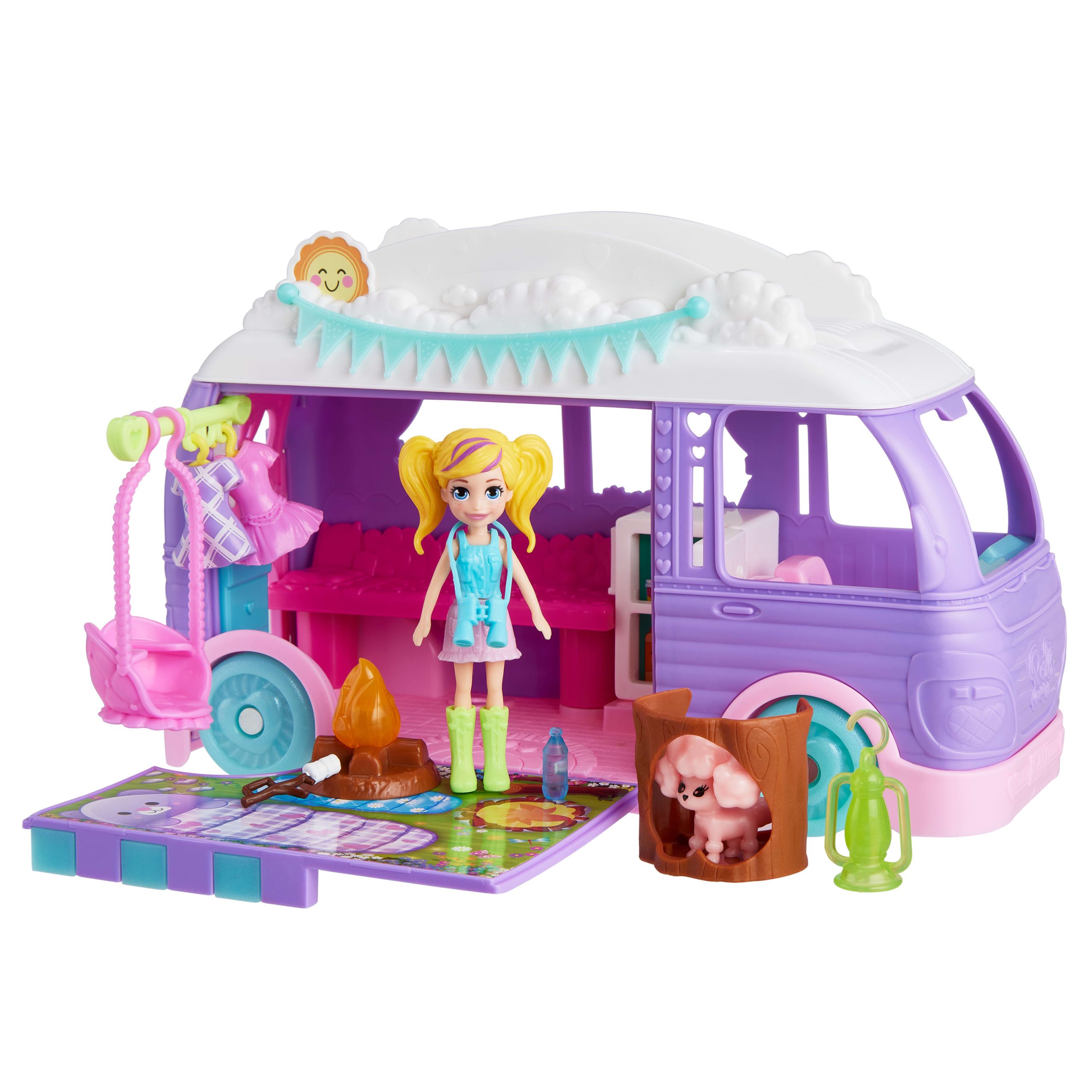 fisher price Polly Pocket Glamping Camper Van, Doll & Pet Playset, Camping & Food Accessories, Travel Toy