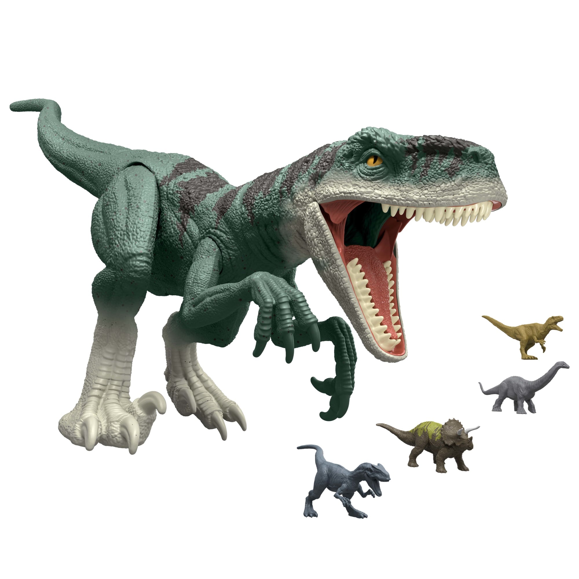 fisher price Jurassic World Super Colossal Dinosaur Pack With 1 XL 37 inch Long Atrociraptor, 4 Minis