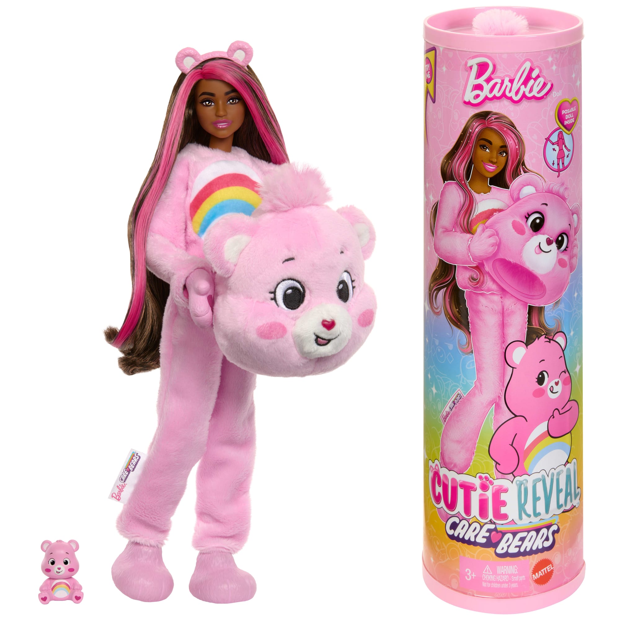 fisher price Barbie Cutie Reveal Care Bears Series Doll & Accessories in Cheer Bear Plush Costume, 10 Surprises