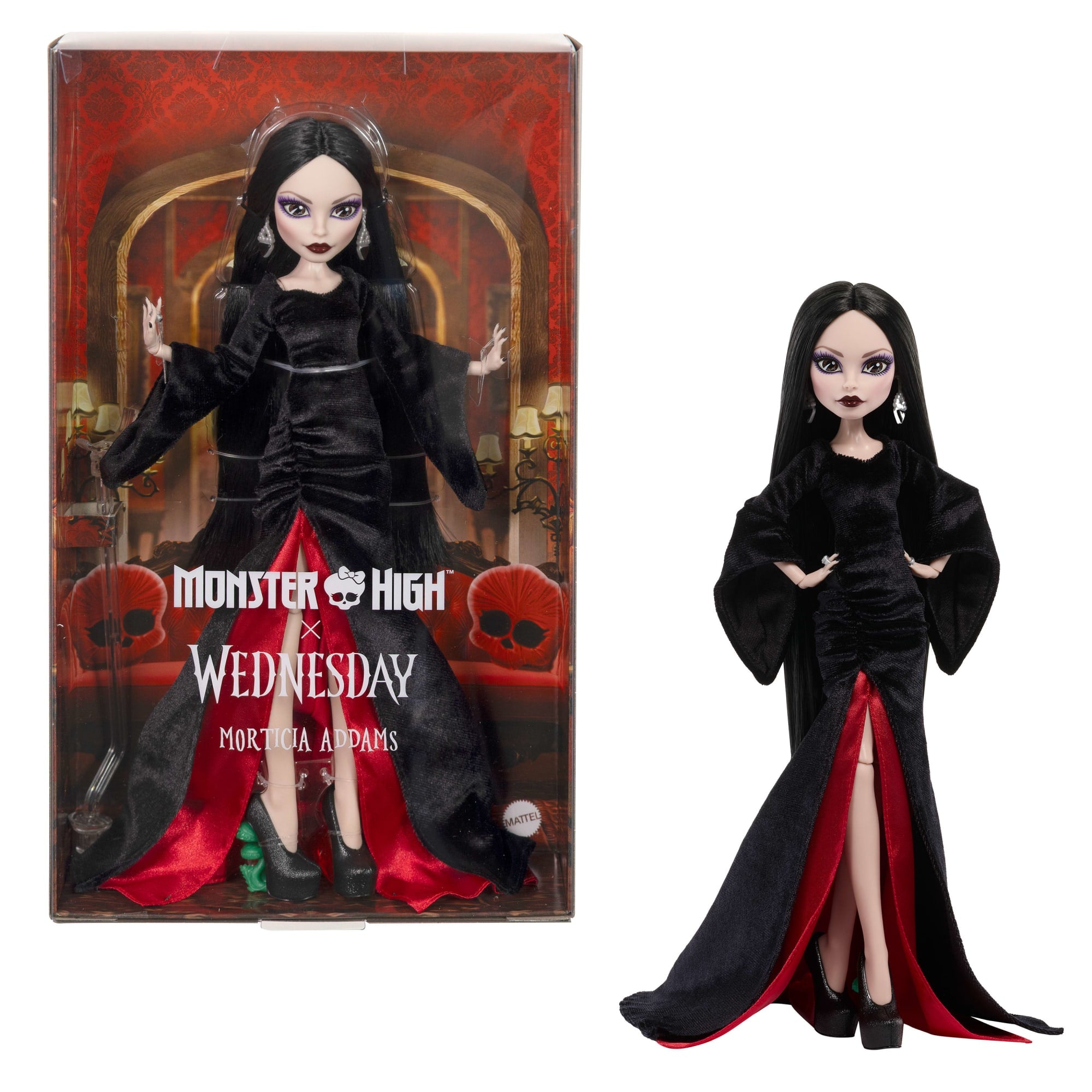 fisher price Monster High X Wednesday Collectible Doll, Morticia Addams in Black Velvet Dress
