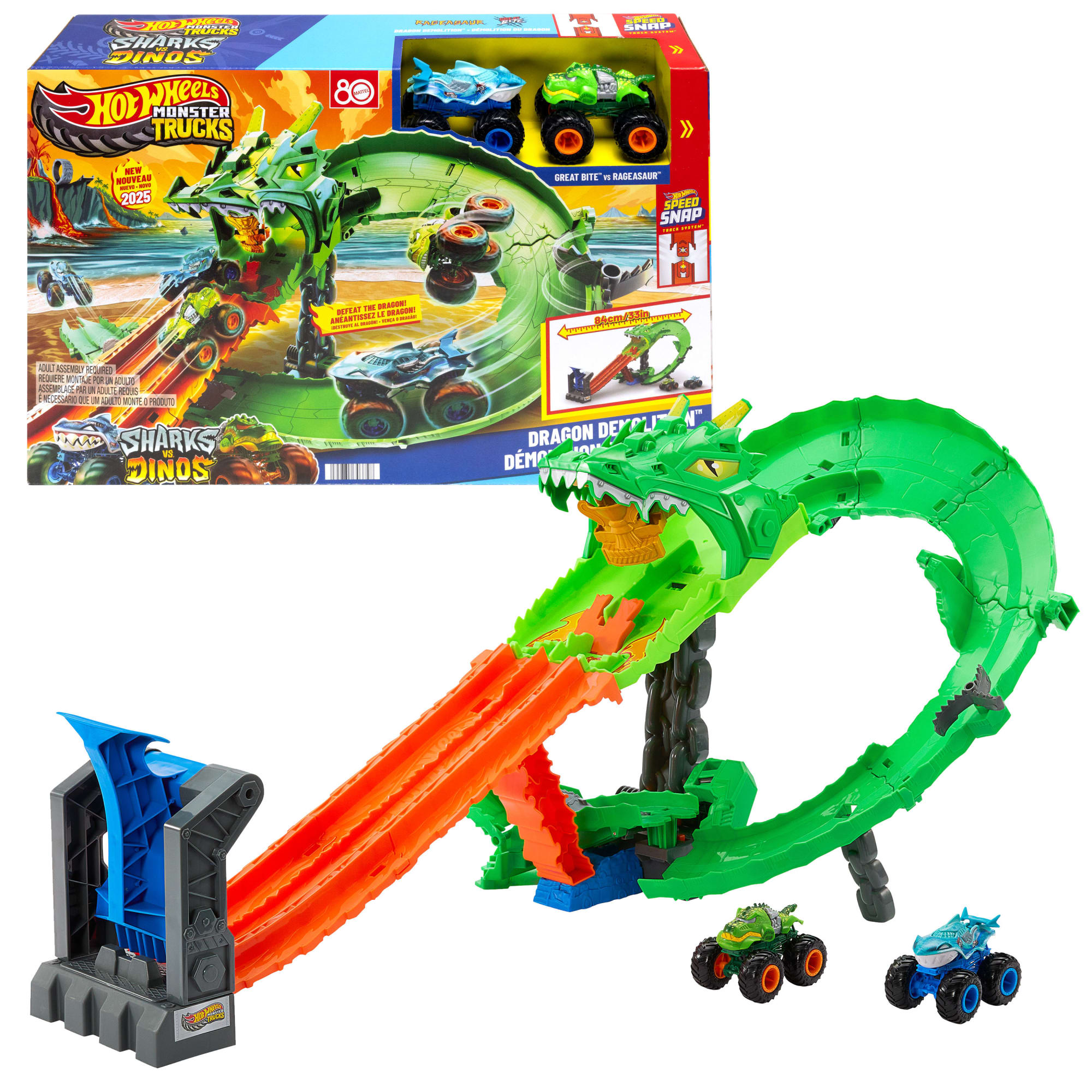 fisher price Hot Wheels Monster Trucks Sharks vs Dinos Dragon Destruction Playset & 2 Toy Trucks