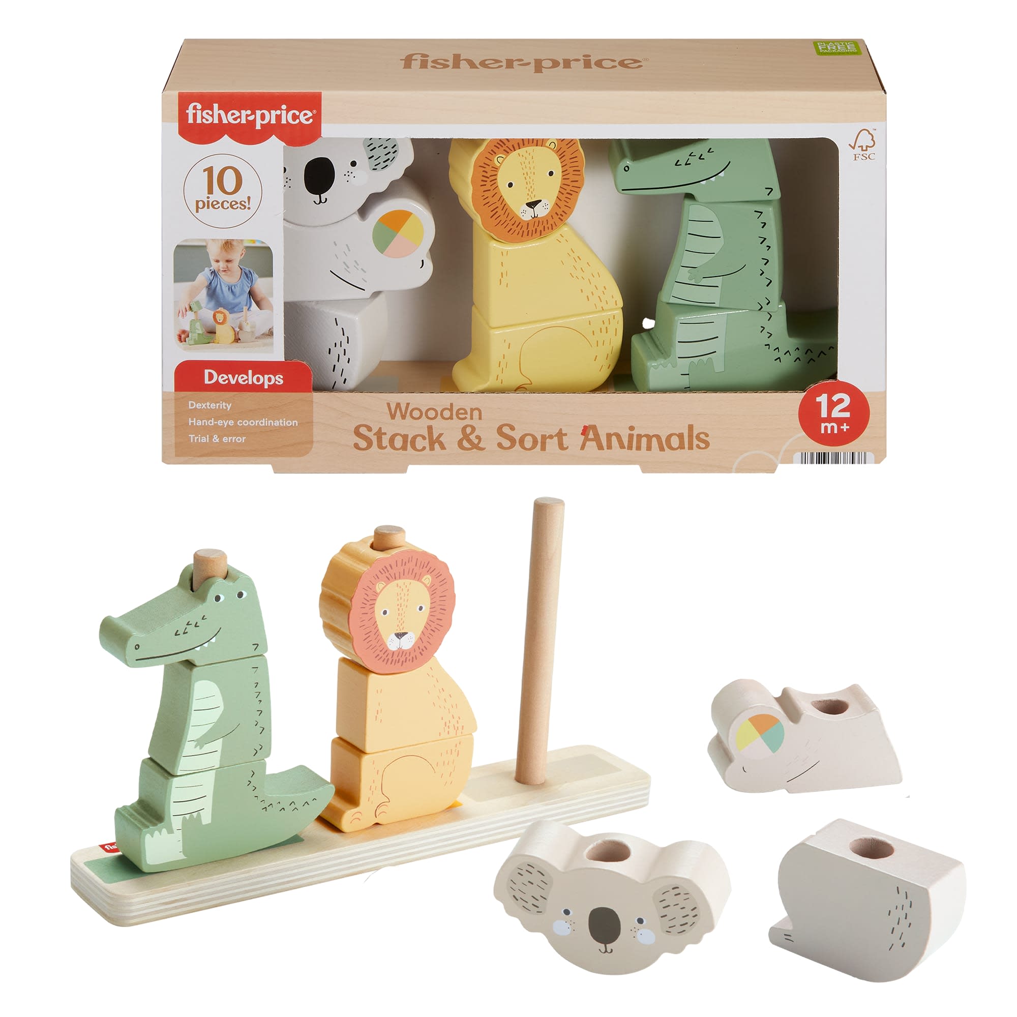 fisher price Fisher-Price Wooden Stack & Sort Animals Baby & Toddler Toy, 10 Wood Pieces