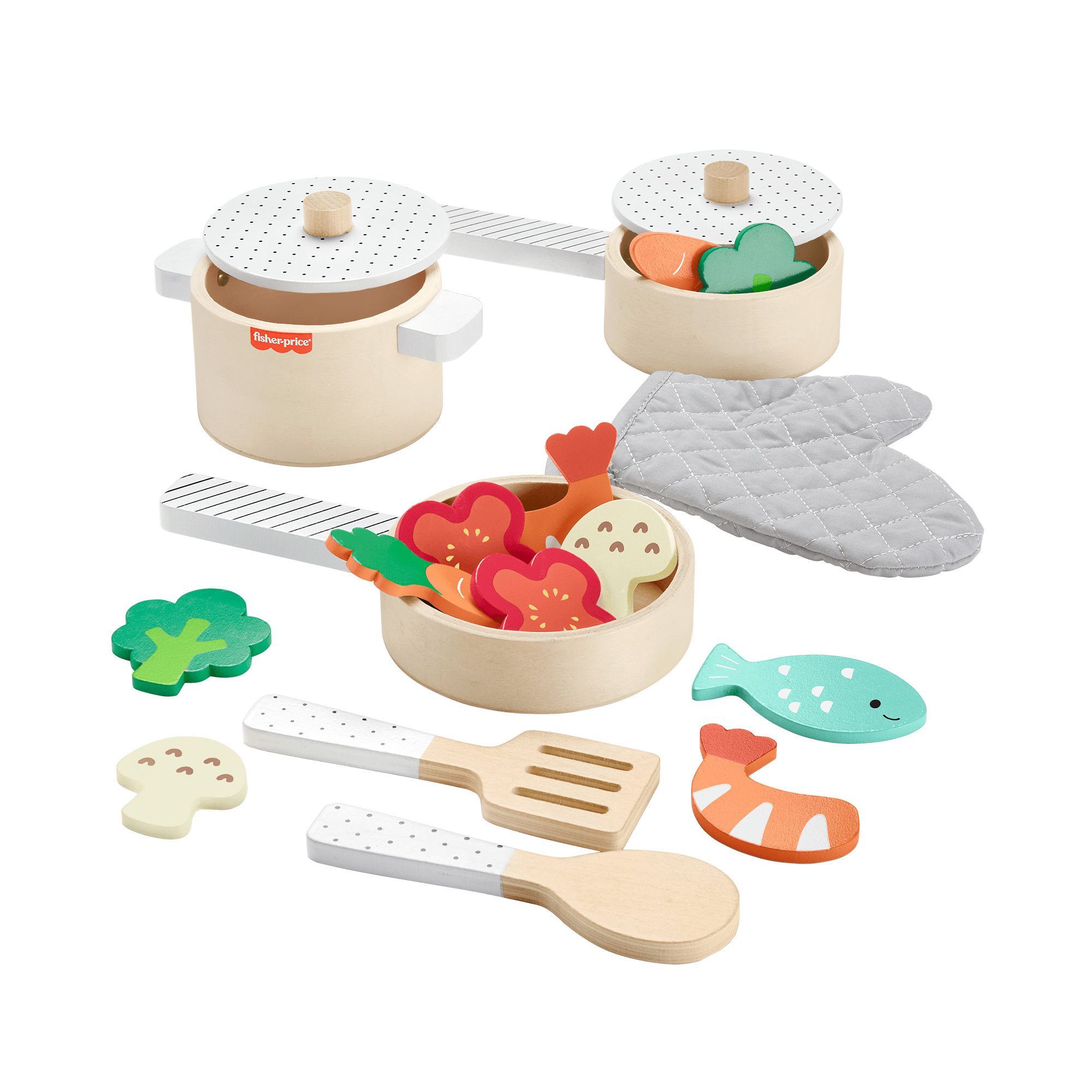 fisher price Fisher-Price Wooden Pots & Pans Set For Preschool Kitchen Pretend Play, 19 Wood Pieces