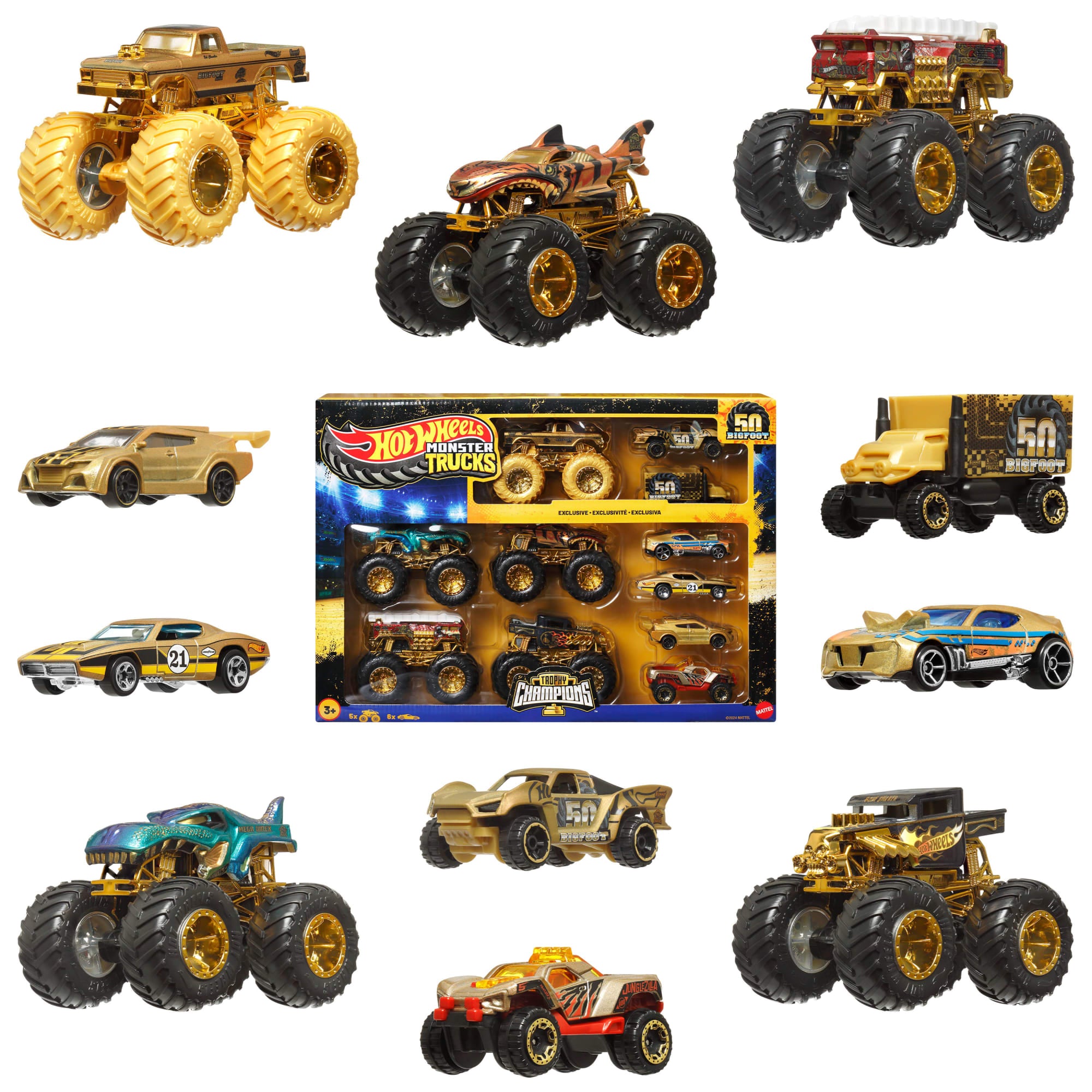 fisher price Hot Wheels Monster Trucks Trophy Champions Collection, 5 1:64 Scale Toy Trucks & 6 Die-Cast Cars