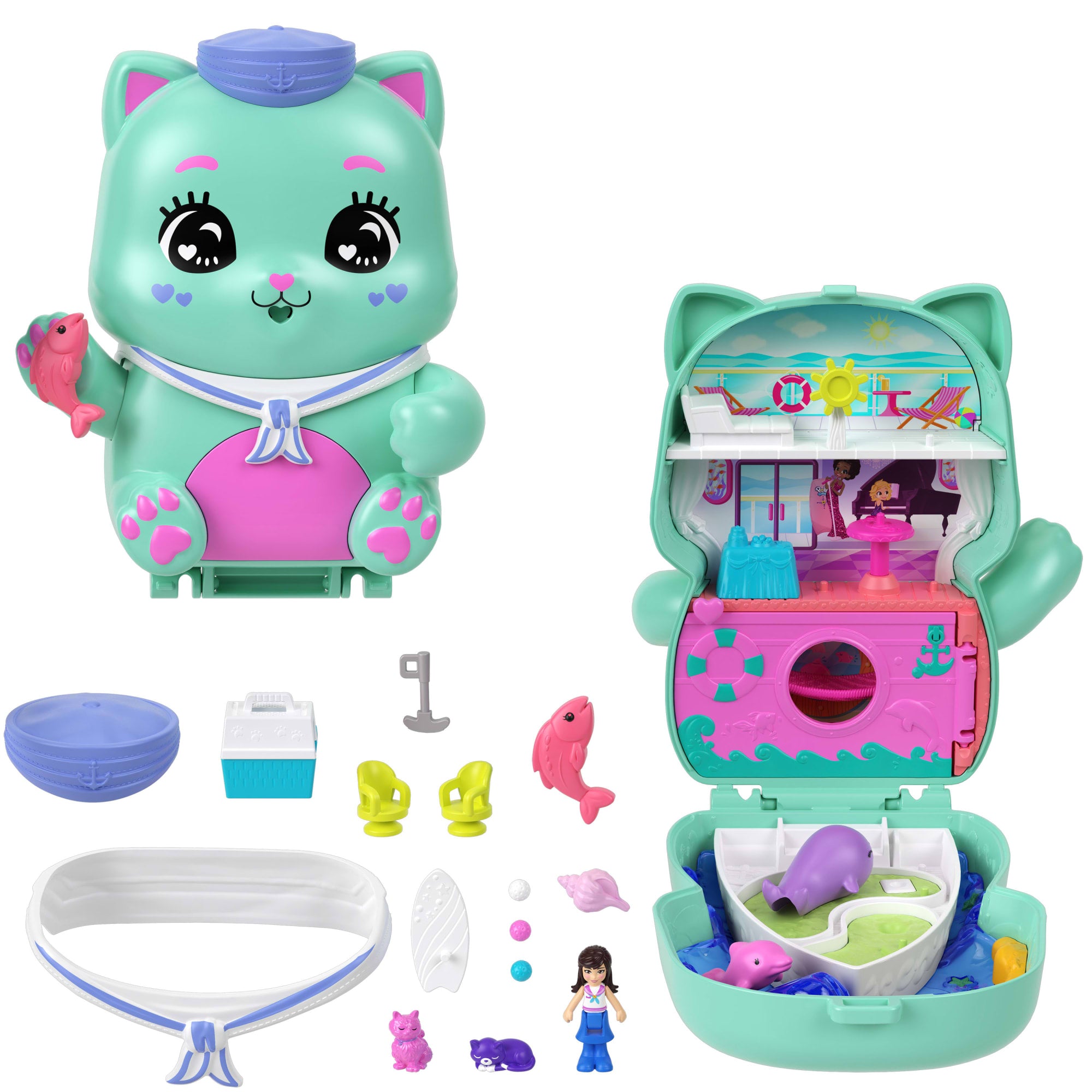 fisher price Polly Pocket Set Sail Kitty Compact Playset With 1 Micro Doll And Pet Cats, Travel Toy With Food & Styling Accessories