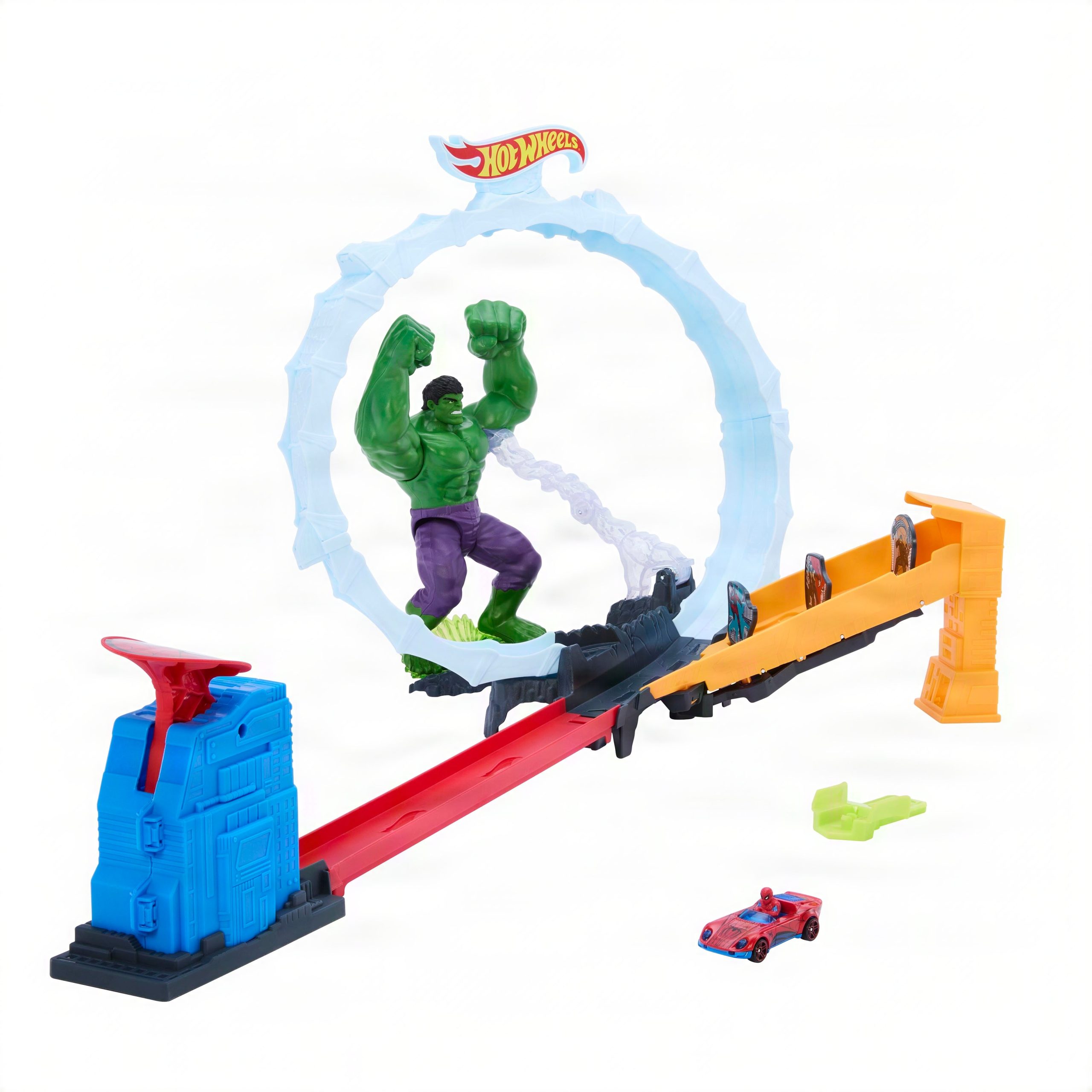 fisher price Hot Wheels Superstar Speeders Spider-Man & Hulk Smash Down Track Set With 1 Die-Cast Spider-Man Vehicle
