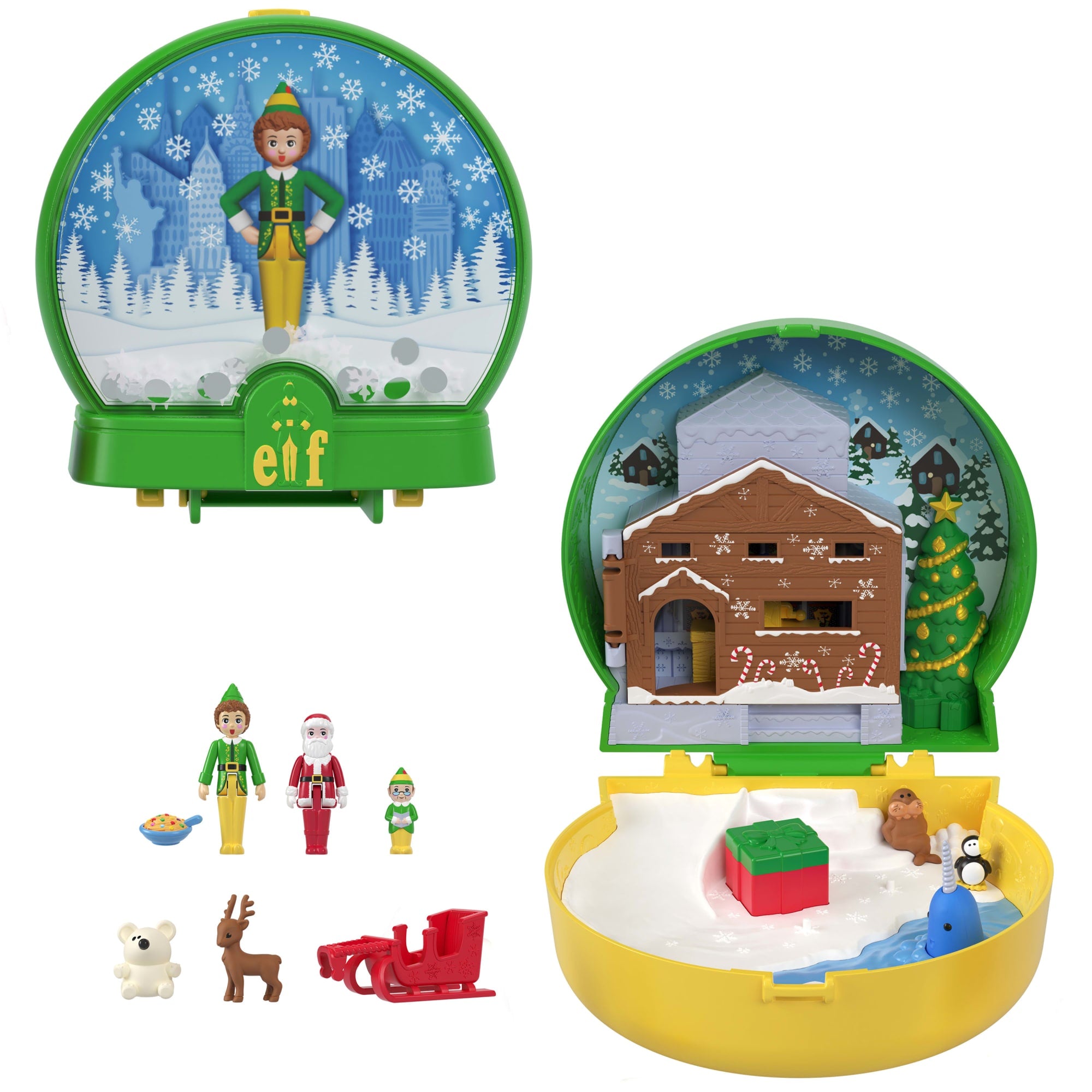 fisher price Polly Pocket Micro Buddy & Santa Dolls And Playset, Collaboration Elf Compact With 5 Accessories, Holiday Theme