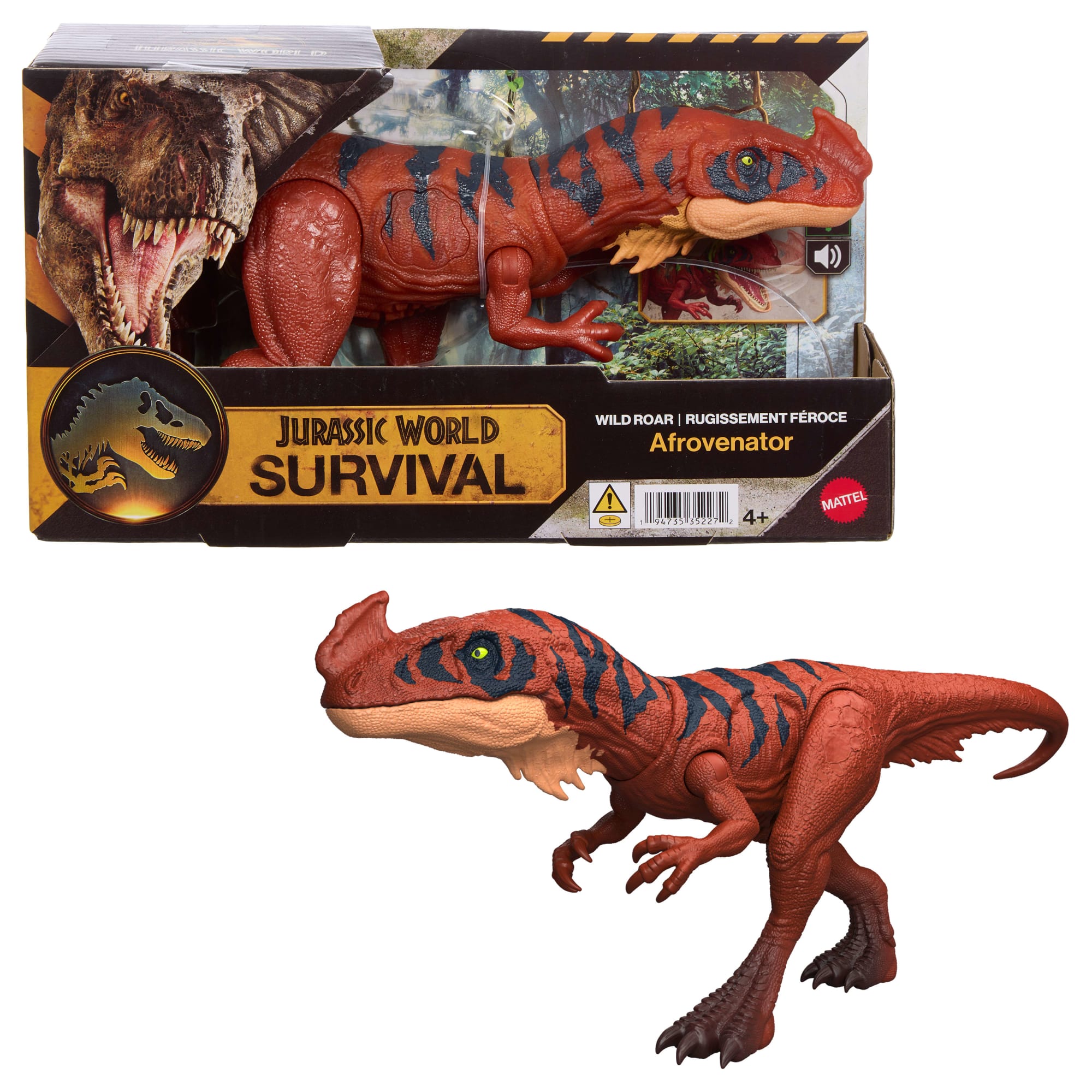 fisher price Jurassic World Wild Roar Afrovenator Dinosaur Action Figure Toy, Attack & Light & Sound, Scan Code