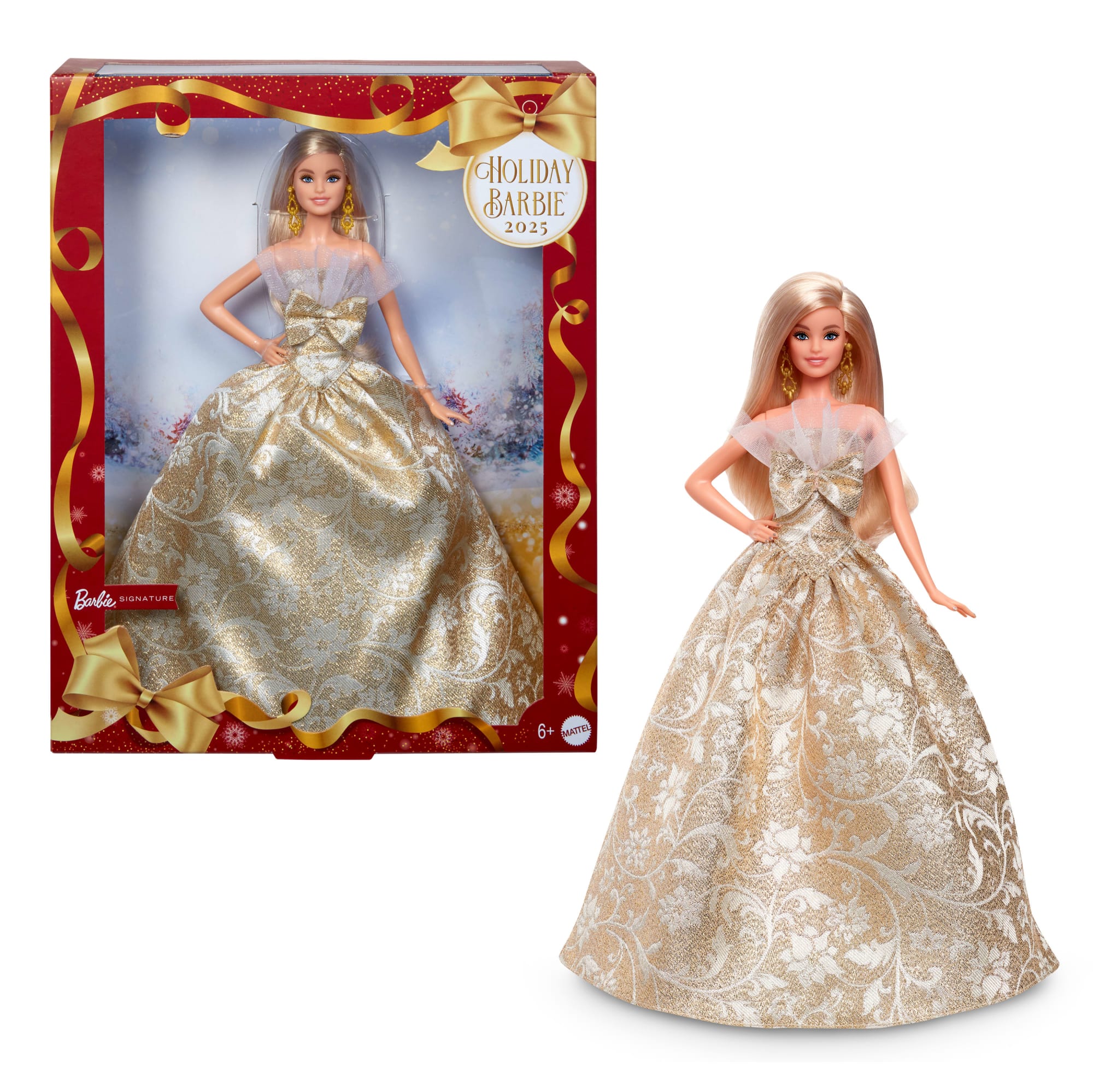 fisher price Barbie Signature 2025 Holiday Barbie Fashion Doll, Seasonal Collector, Blonde With Silver & Gold Gown