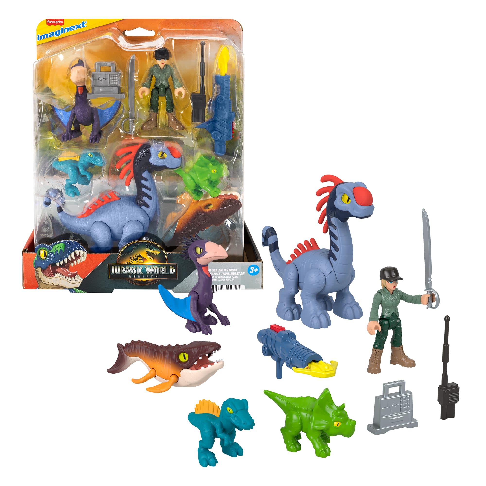 fisher price Imaginext Jurassic World Dinossauro de Brinquedo Rebirth Pacote de Dinos Terra, Ar e Mar