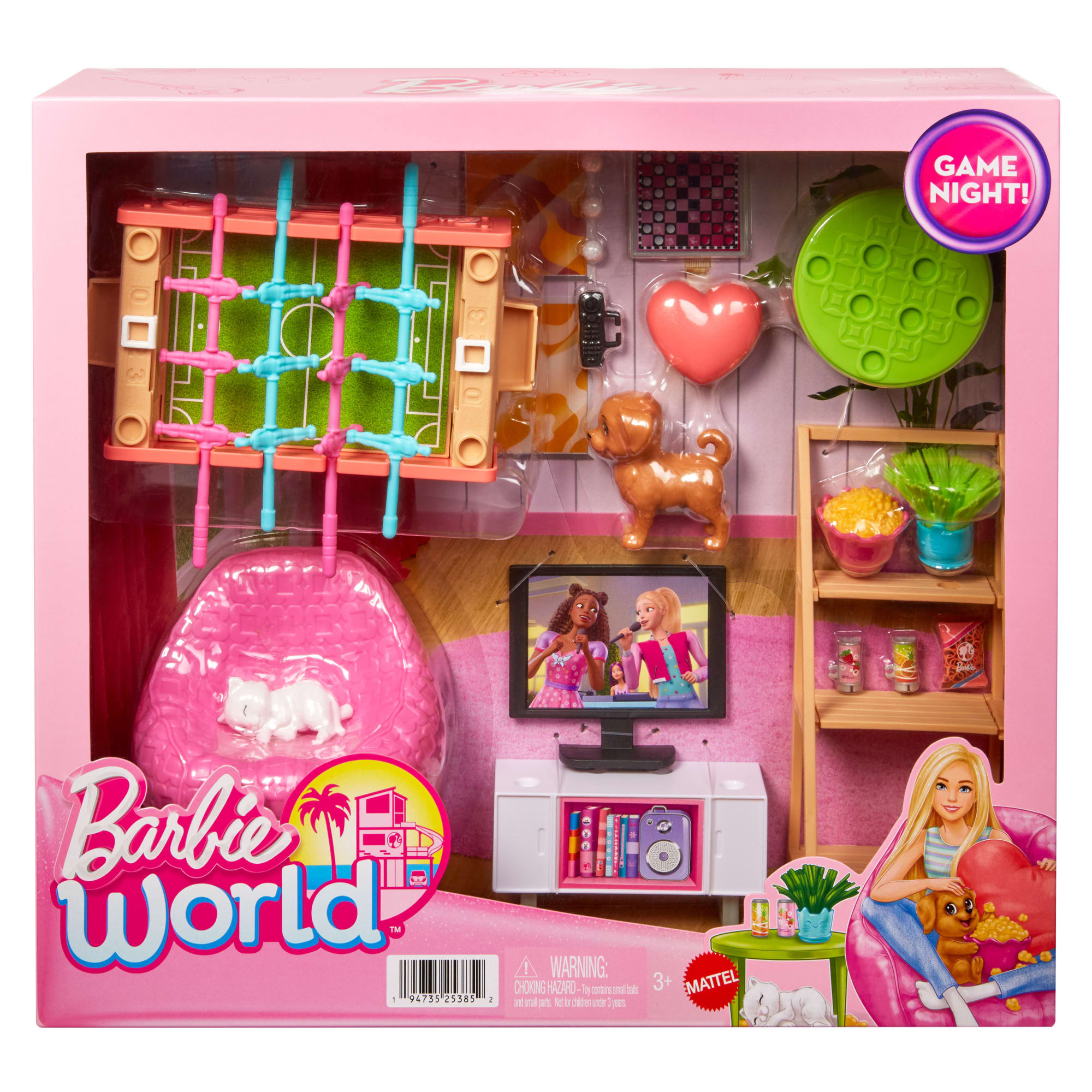 fisher price Barbie World Game Room Set With 19 Dollhouse Accessories including Furniture, Foosball Table & Pets