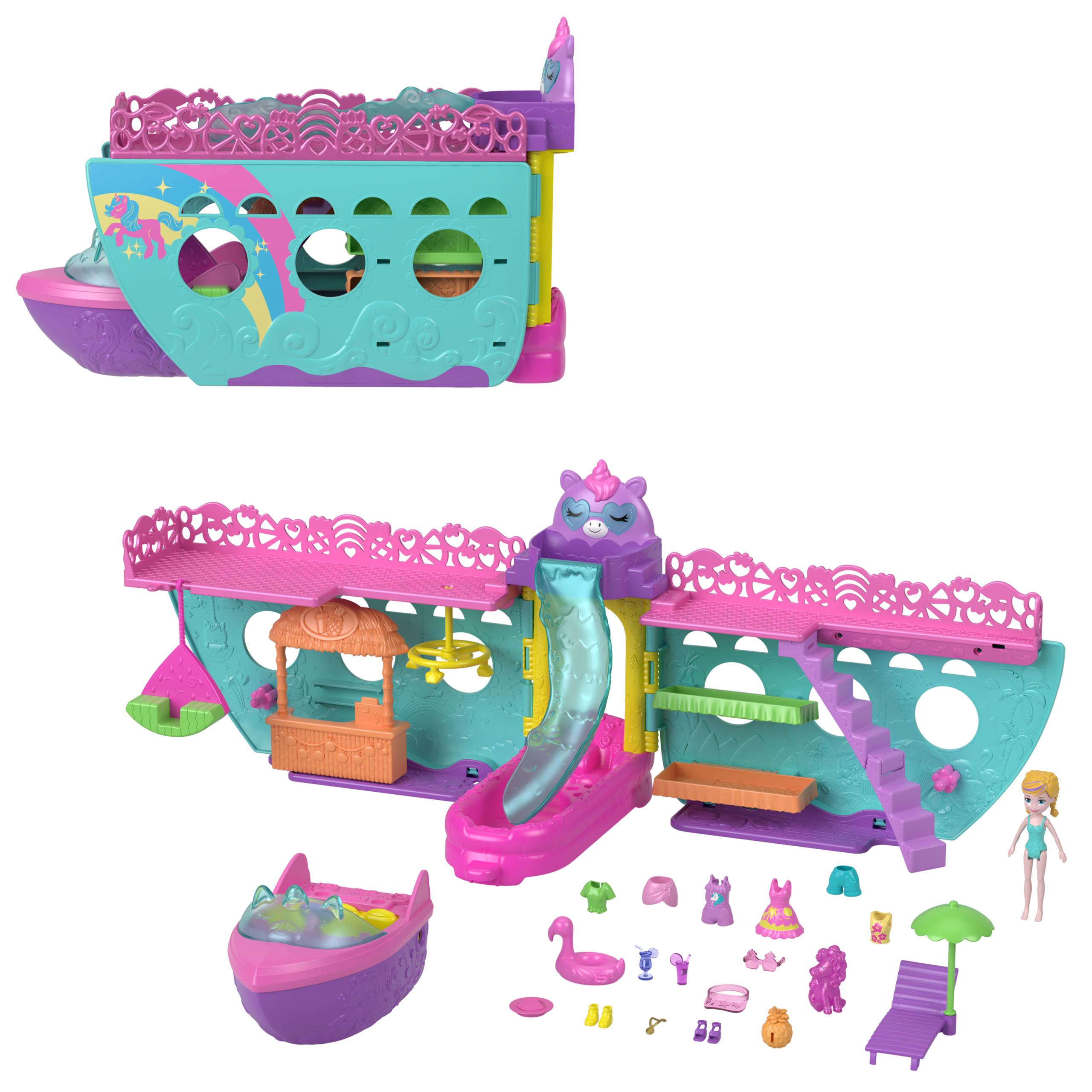 fisher price Polly Pocket Unicorn Dream Cruise Playset, Portable Boat With 1 Doll, Water Play And Color Change Accessories, 23 Total Pieces