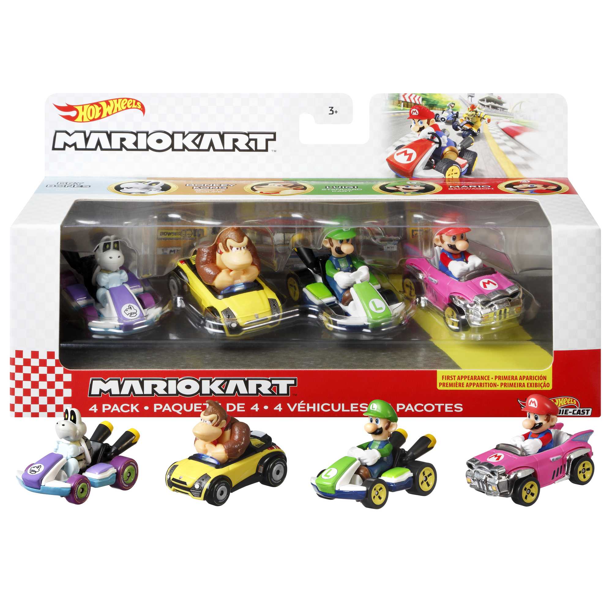 fisher price Hot Wheels Mario Kart Veh??culo de Juguete Paquete de 4 con Mario, Donkey Kong, Luigi y Dry Bones