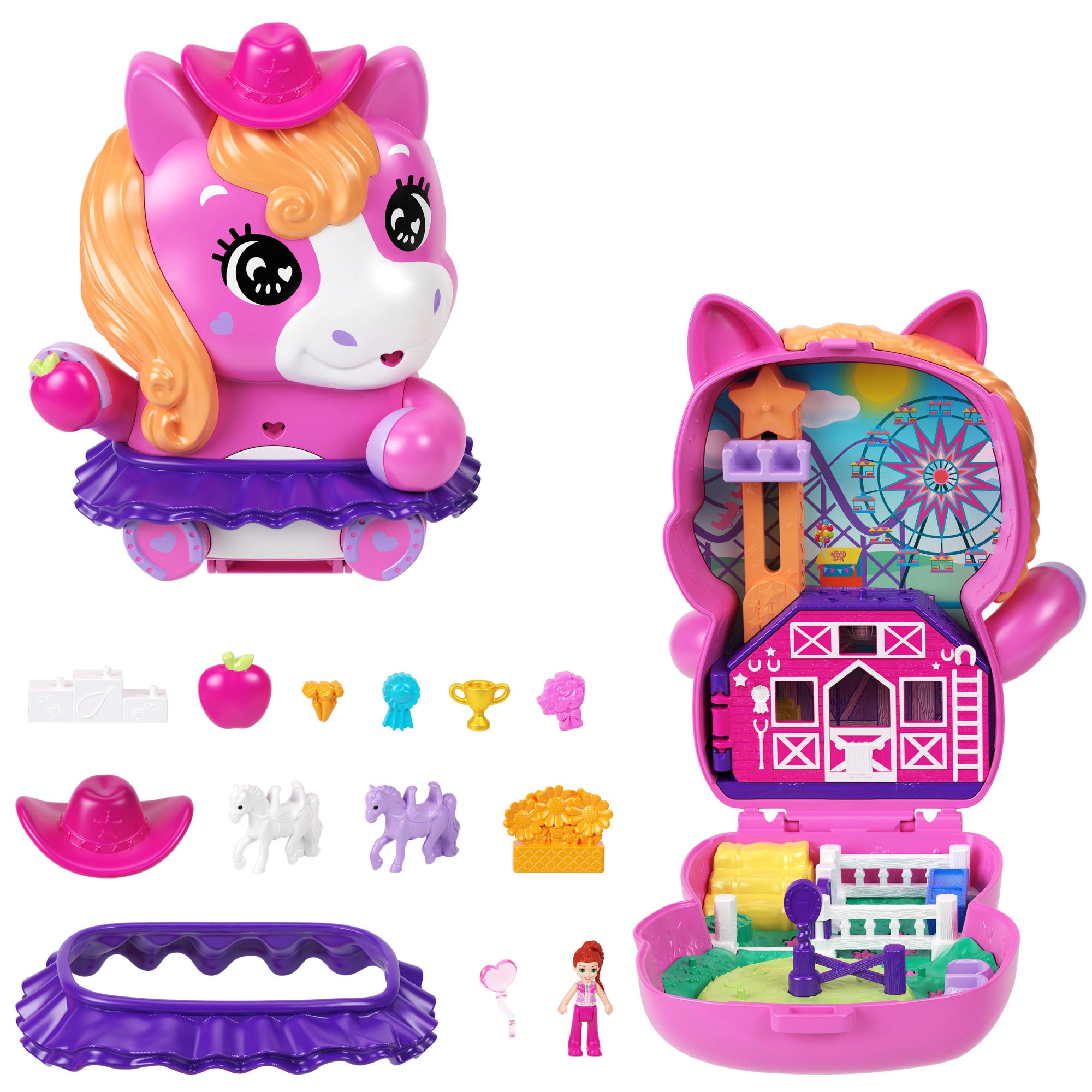 fisher price Polly Pocket Pony Rodeo Compact Playset With 1 Micro Doll And Pet Horses, Travel Toy With Food & Styling Accessories
