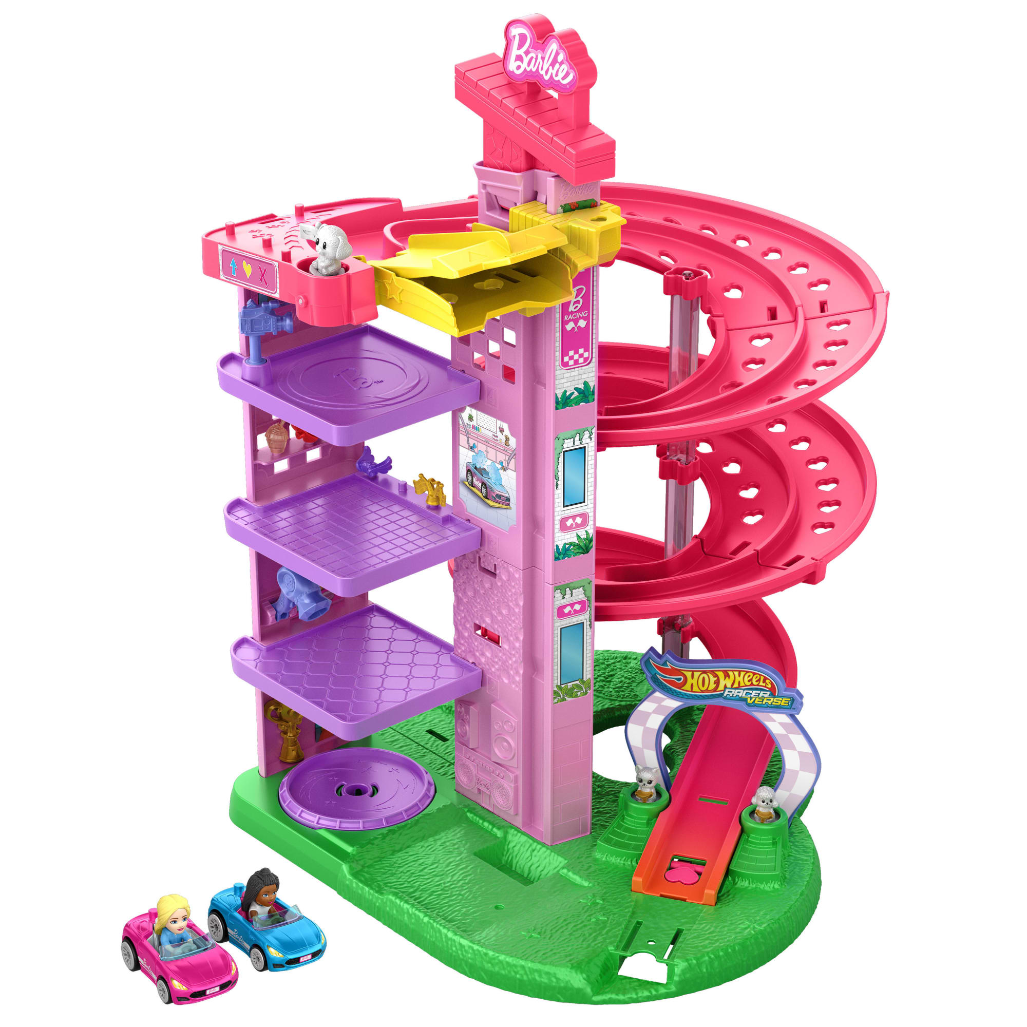 fisher price Hot Wheels Racerverse Barbie Spiral Race Track Set With Barbie ??Malibu?? & Barbie ??Brooklyn?? Toy Cars