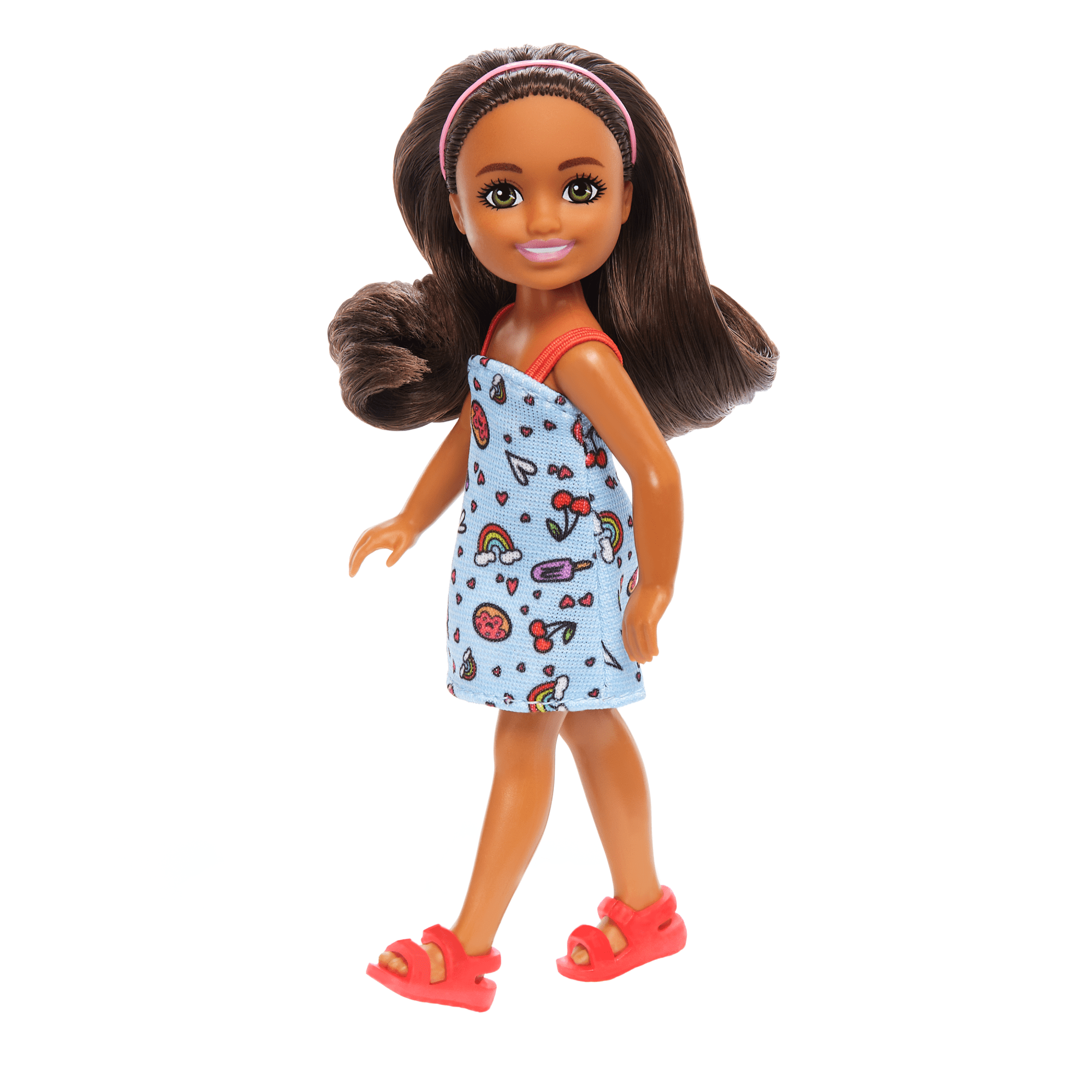 fisher price Barbie Chelsea Doll, Small Doll Wearing Removable Blue Dress With Brown Hair & Green Eyes
