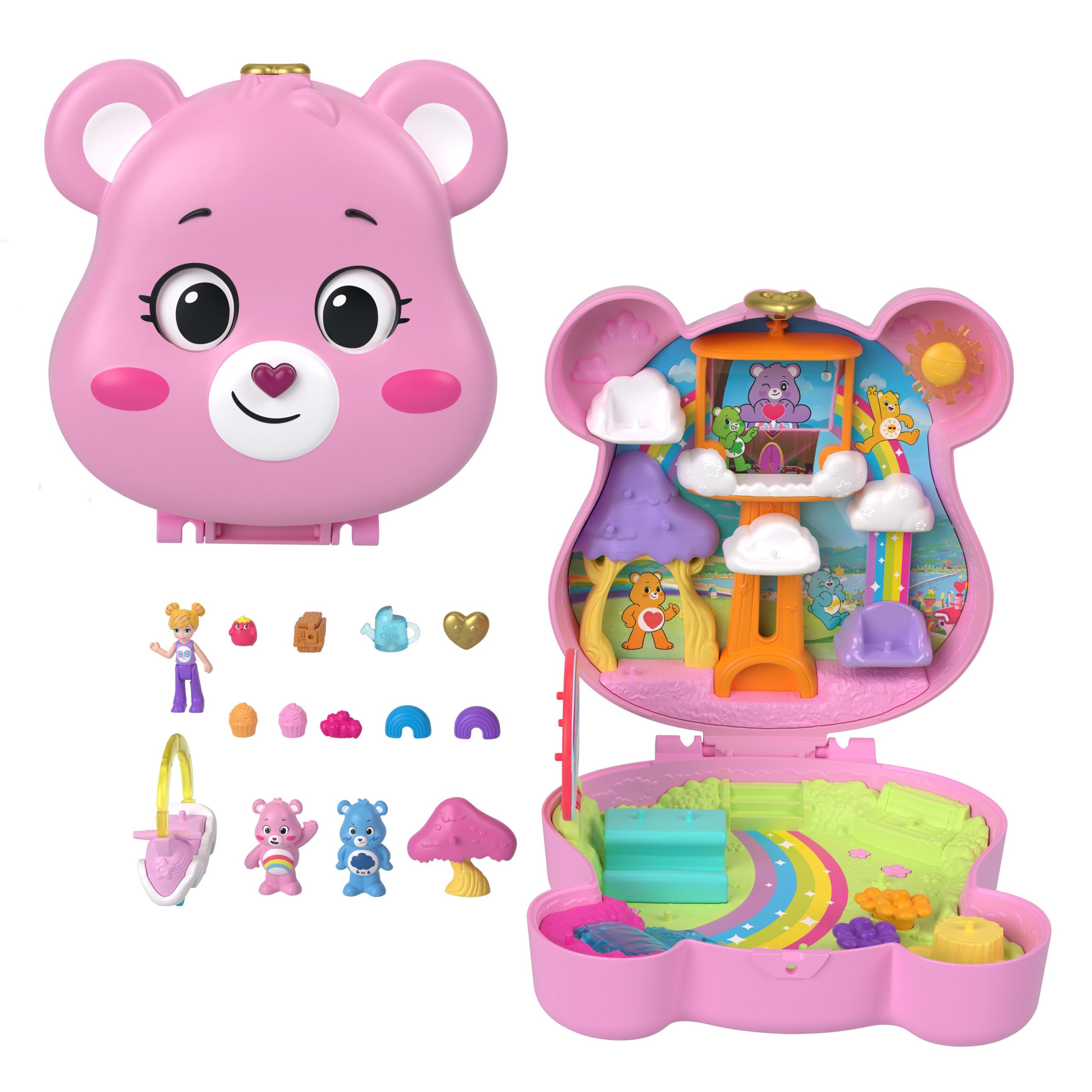 fisher price Polly Pocket X Care Bears Dolls & Playset With Toy Car And Themed Accessories, Compact Travel Toy