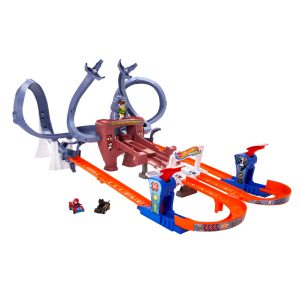 fisher price Hot Wheels Racerverse Spider-Man's Web-Slinging Speedway Track Set With 2 Hot Wheels Racers